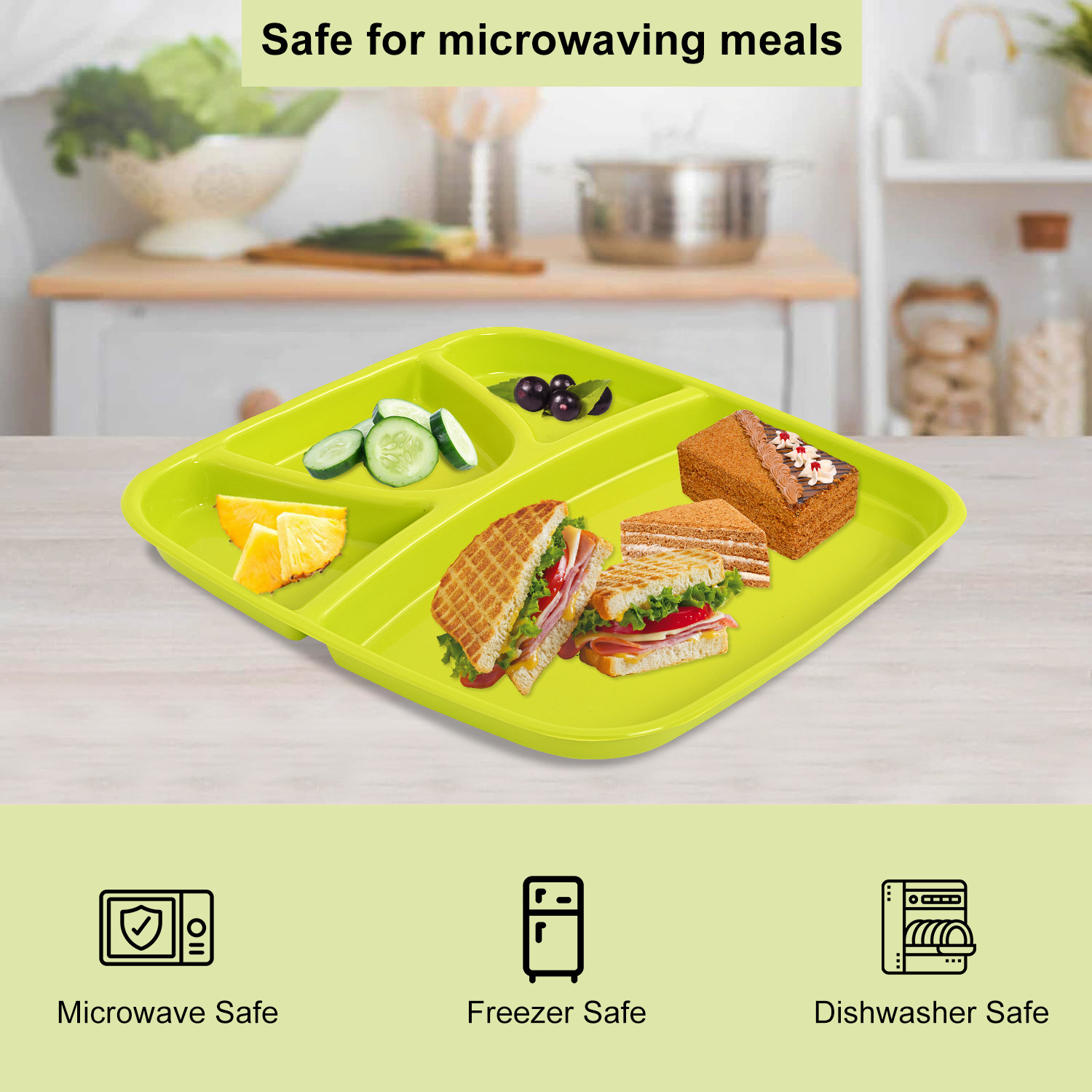 Kuber Industries  BPA Free Plastic Microwave Safe Plates for Meal  4 Sections Plate for Diet Food Breakfast Lunch  Dinner  Reusable Microwave Plate for Heating  Plain Green