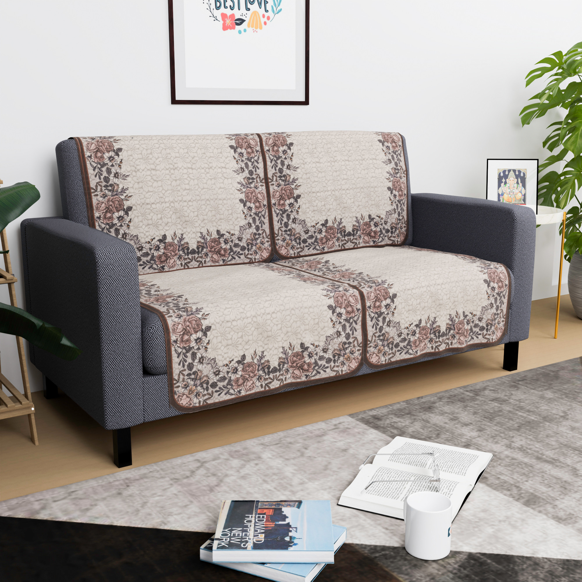 Kuber Industries  Classic  Cotton Sofa Cover Cloth  Washable  Durable Sofa Slipcover Set - Ideal Sofa Protector for Home  Office  Multi Floral - Cream  Brown