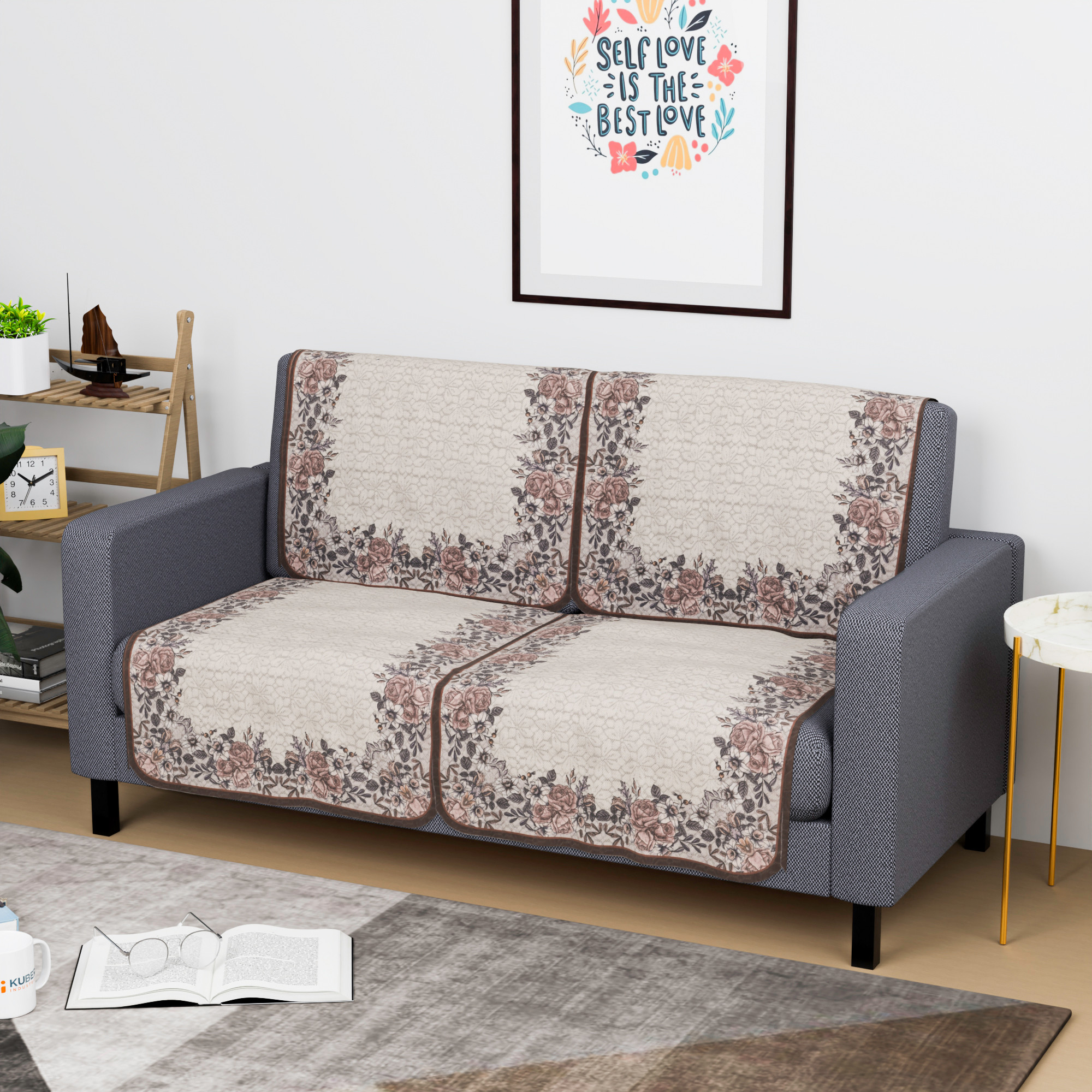 Kuber Industries  Classic  Cotton Sofa Cover Cloth  Washable  Durable Sofa Slipcover Set - Ideal Sofa Protector for Home  Office  Multi Floral - Cream  Brown