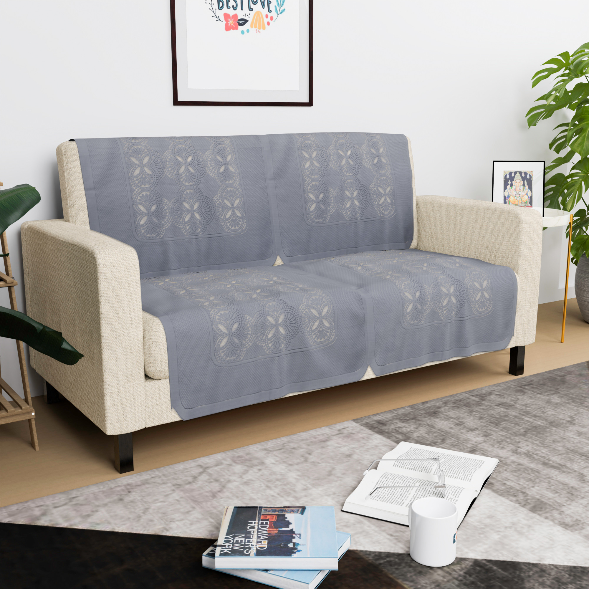 Kuber Industries  Classic  Cotton Sofa Cover Cloth  Washable  Durable Sofa Slipcover Set - Ideal Sofa Protector for Home  Office  Flower Jersey - Grey