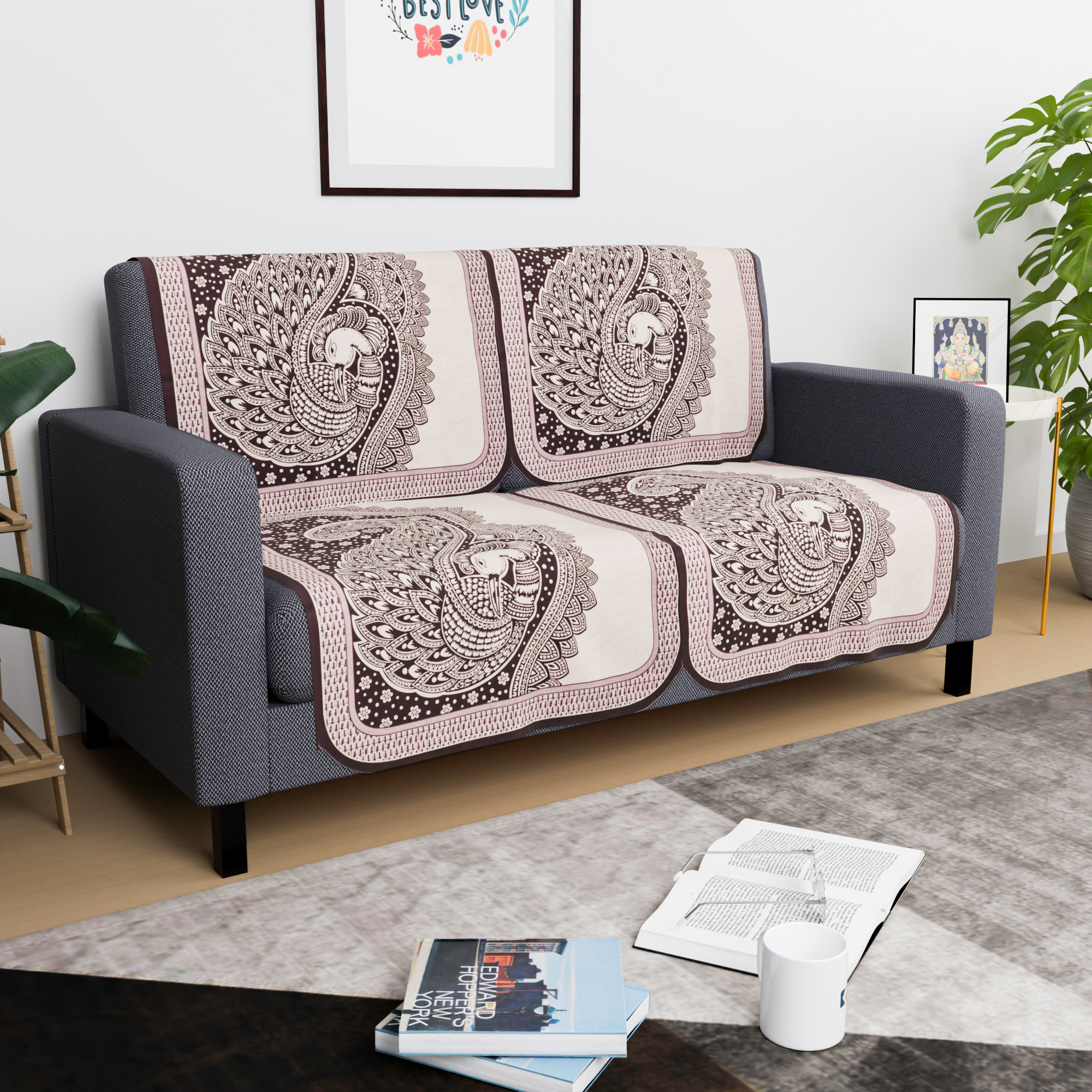 Kuber Industries  Classic  Cotton Sofa Cover Cloth  Washable  Durable Sofa Slipcover Set - Ideal Sofa Protector for Home  Office  Peacock Print - Purple