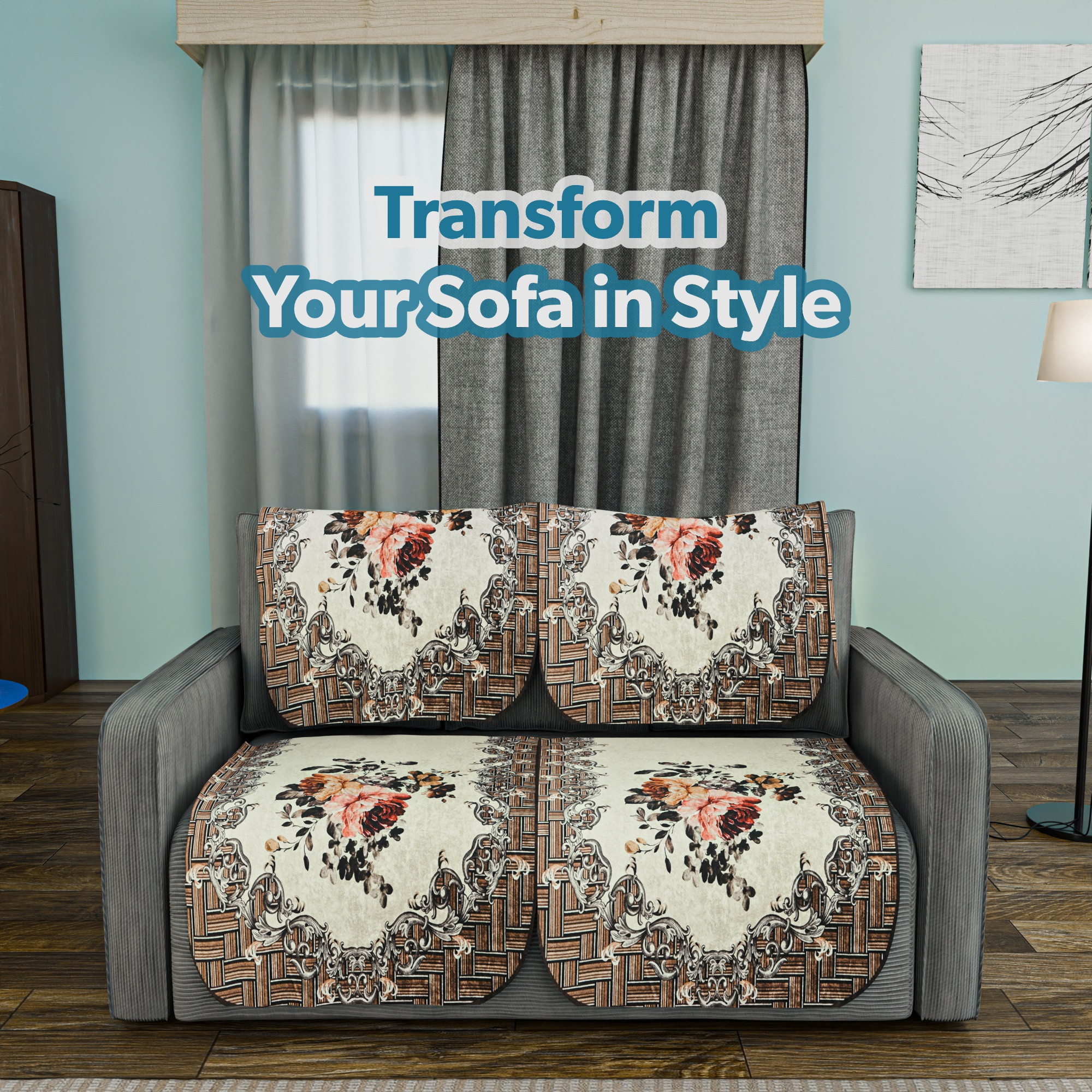 Kuber Industries  Classic  Velvet Sofa Cover Cloth  Washable  Durable Sofa Slipcover Set - Ideal Sofa Protector for Home  Office  Check Border - Cream  Brown