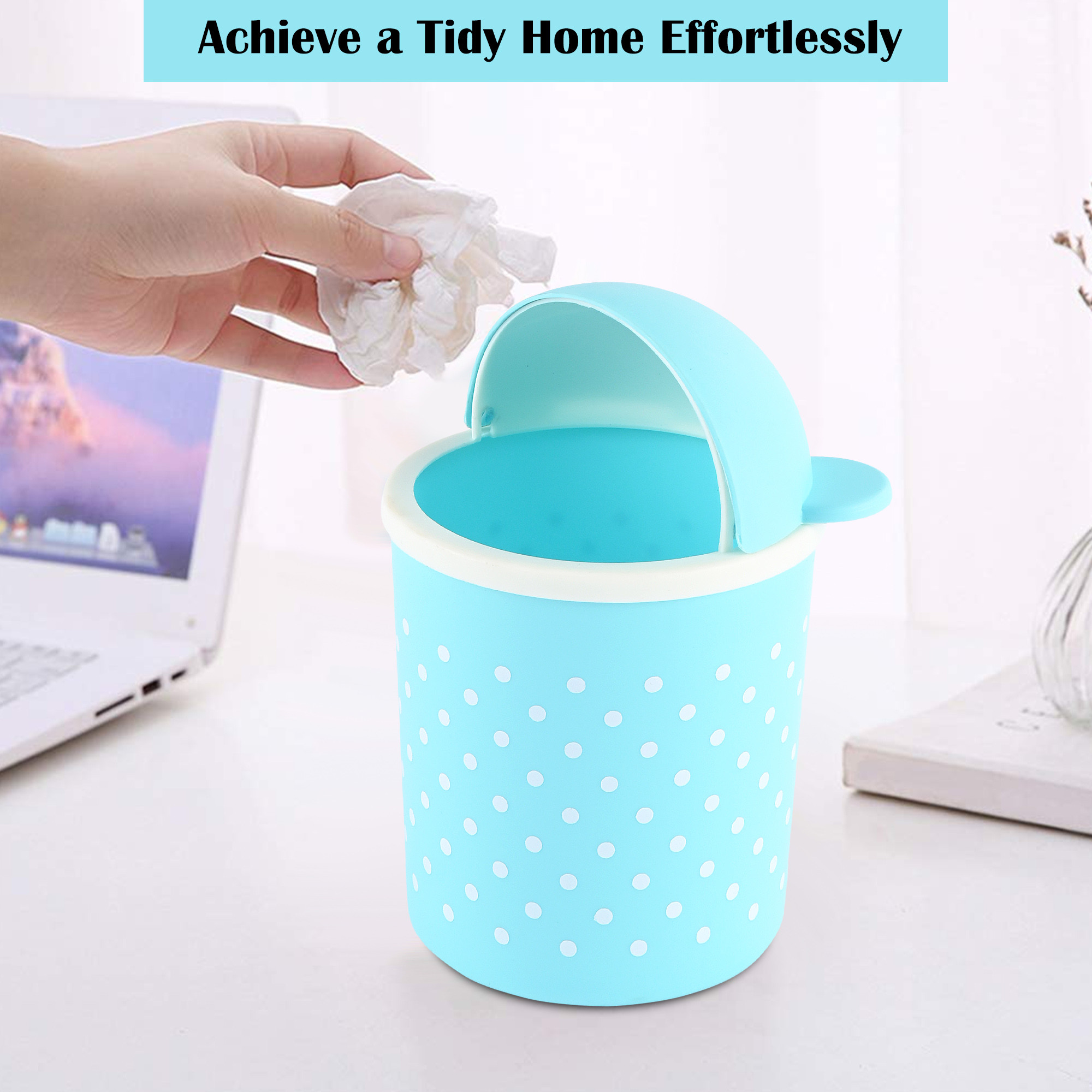 Kuber Industries  Cute  1 Ltr Table Dustbin for Home  Office with Lid  Lightweight Mini Dustbin for KitchenBedroom - Ideal for Desk Countertops   Spaces  Sky Blue