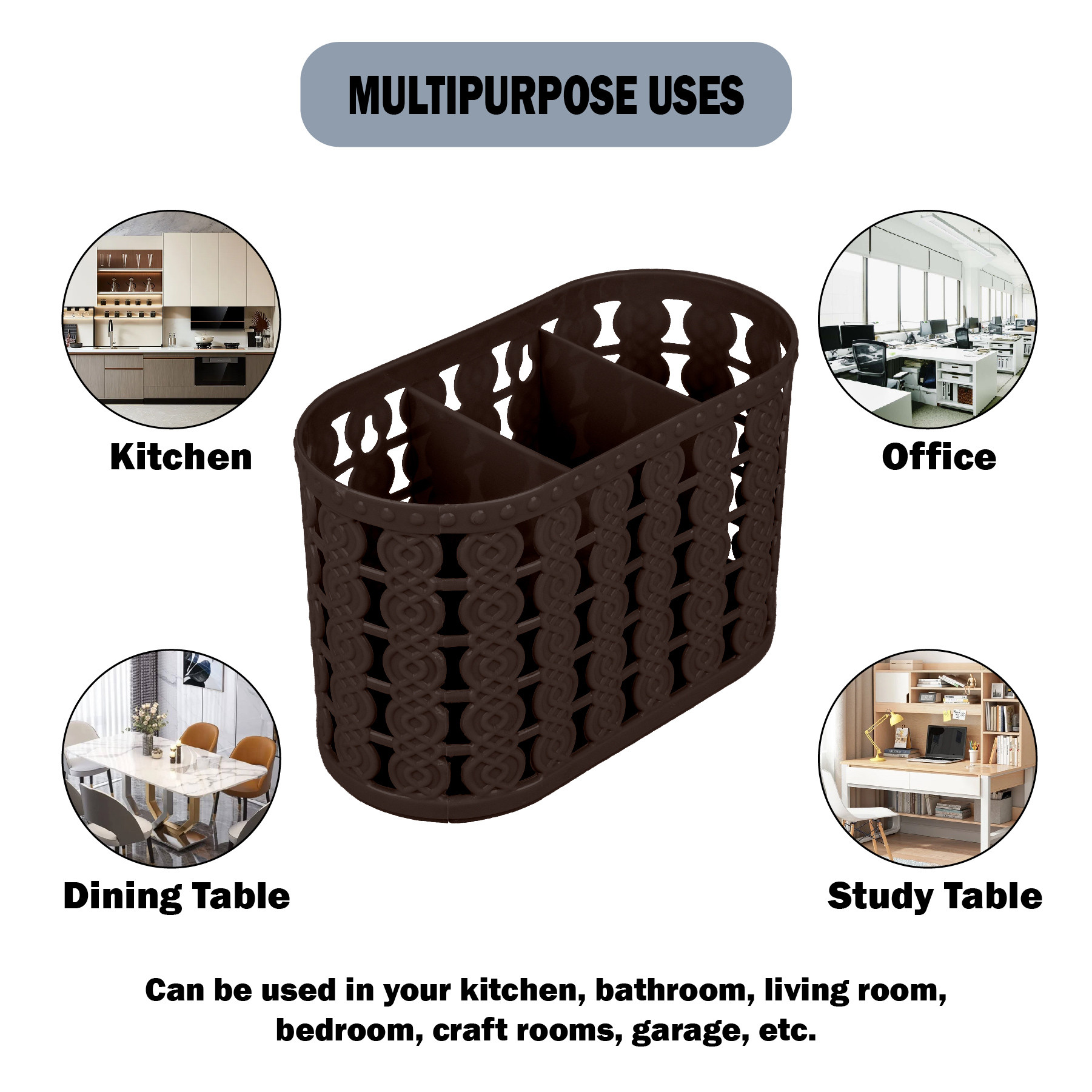 Kuber Industries  Cutlery Holder  Kitchen Organizer with 3 Compartments  Stationery Organizer  Dining Tableware Stand  Multipurpose Desk Organizer Box  Sunny  Brown