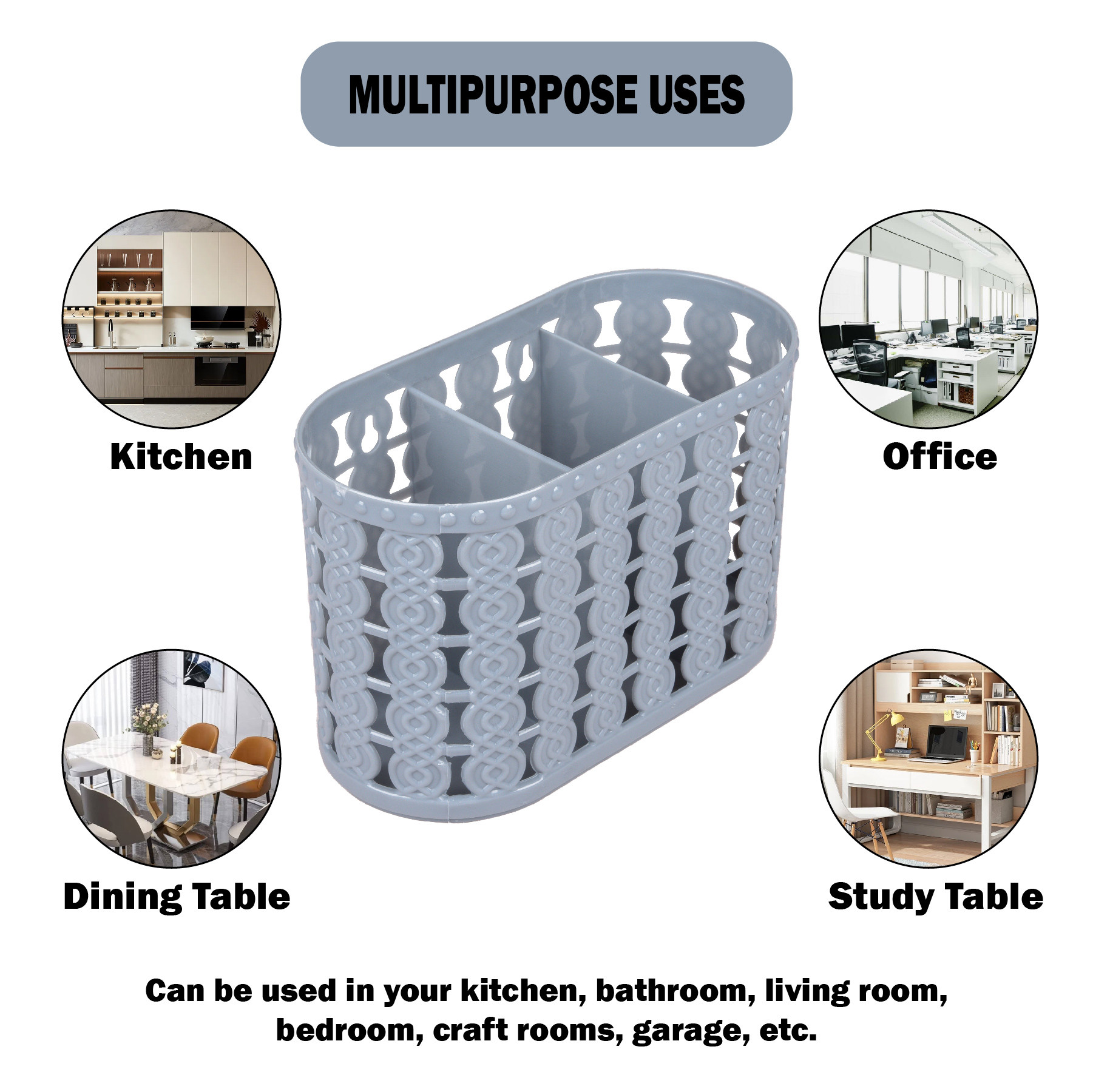 Kuber Industries  Cutlery Holder  Kitchen Organizer with 3 Compartments  Stationery Organizer  Dining Tableware Stand  Multipurpose Desk Organizer Box  Sunny  Gray