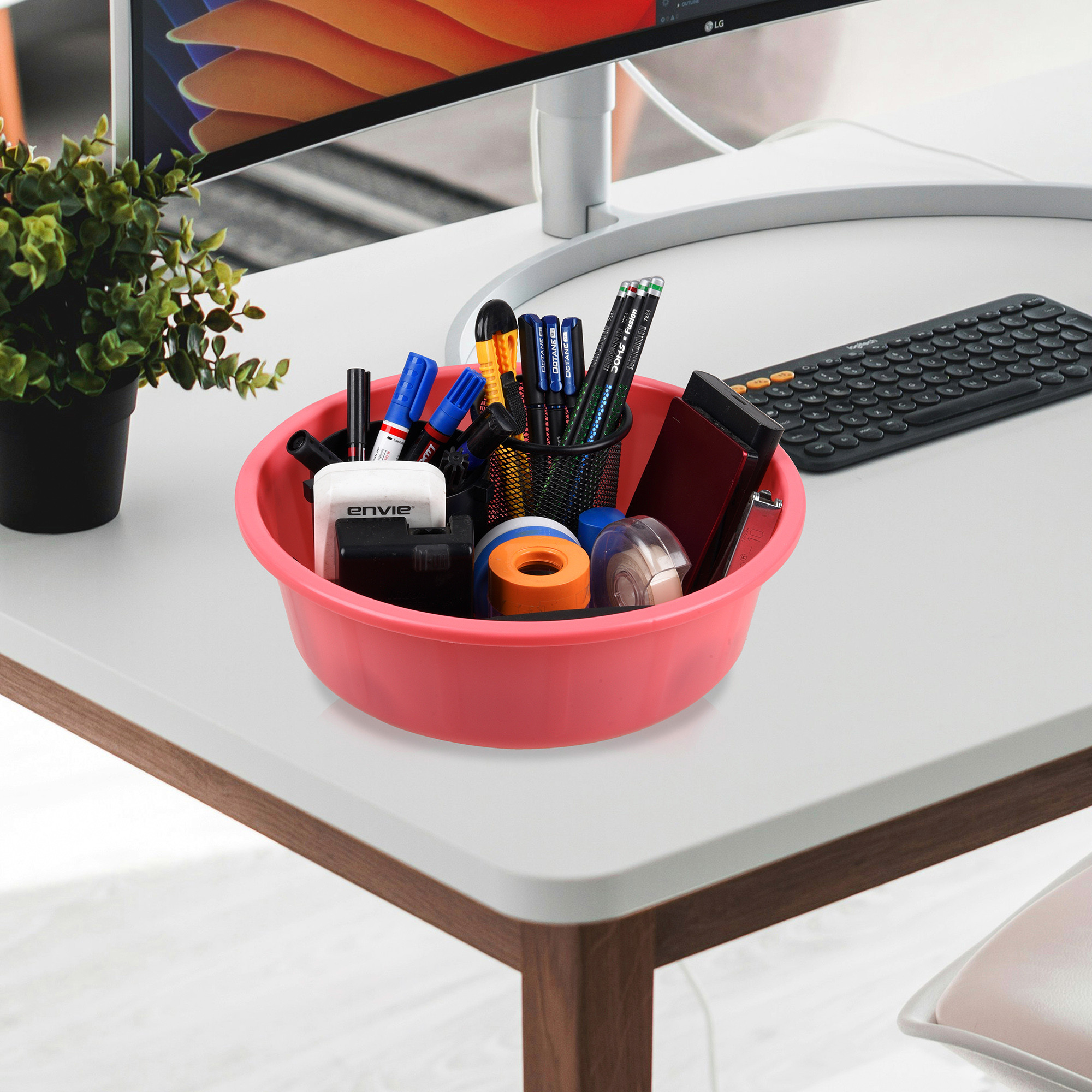 Kuber Industries  Desk Organizer  Stationery Organizer Tub  Multipurpose Storage Organizer  Office Supplies Organizer for Pen-Pencil-Staplers-Clips  Desktop Organizer  6 LTR  Pink