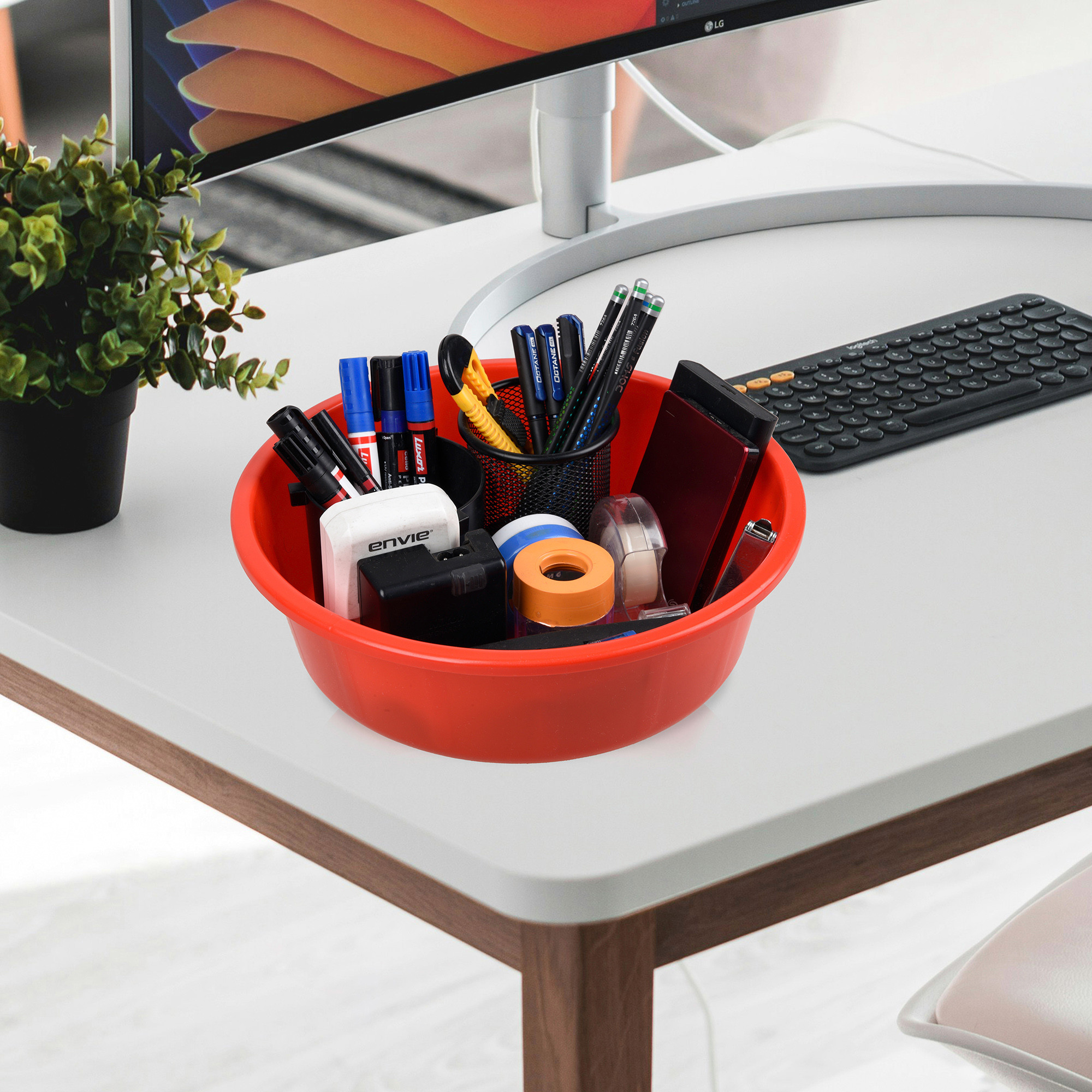 Kuber Industries  Desk Organizer  Stationery Organizer Tub  Multipurpose Storage Organizer  Office Supplies Organizer for Pen-Pencil-Staplers-Clips  Desktop Organizer  6 LTR  Red