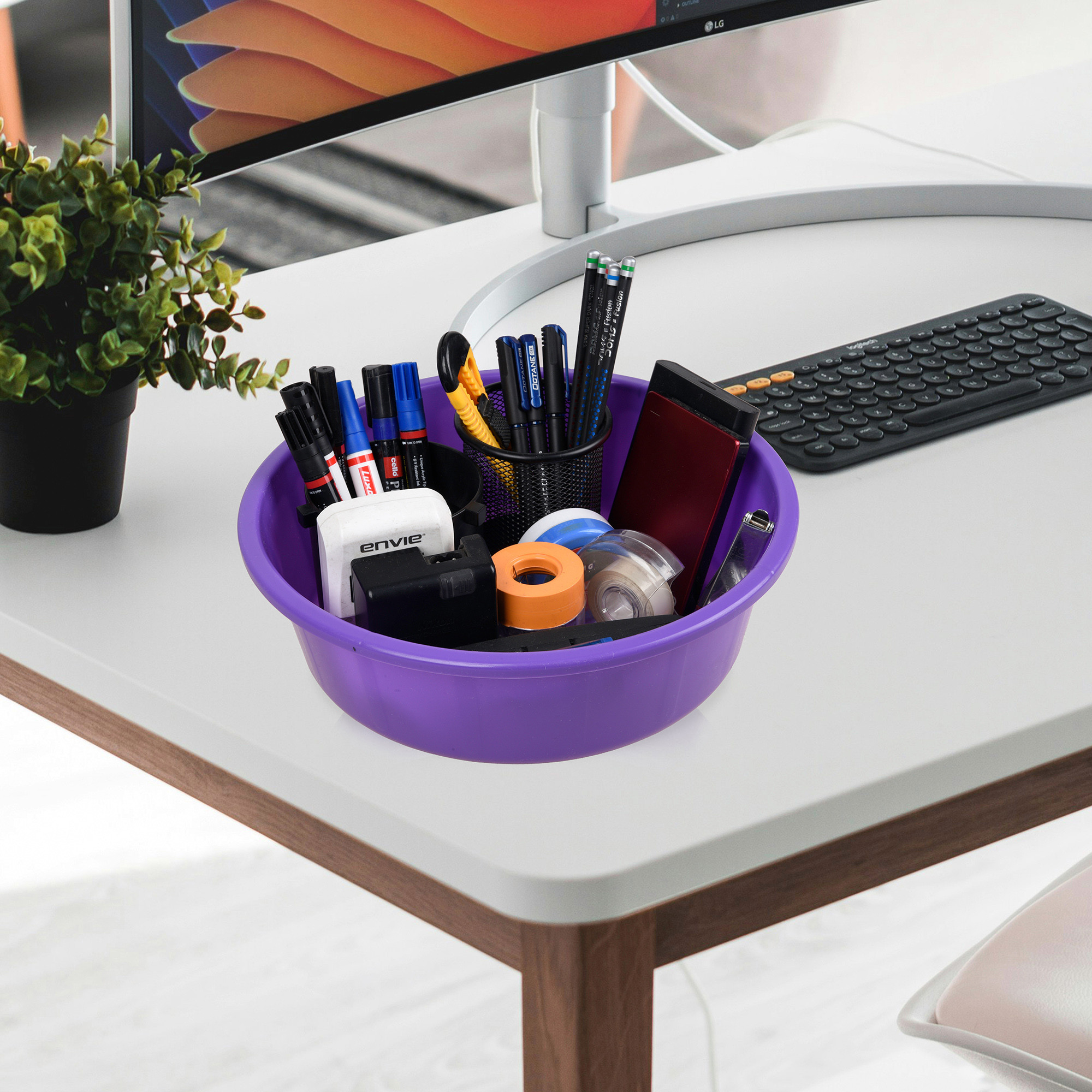 Kuber Industries  Desk Organizer  Stationery Organizer Tub  Multipurpose Storage Organizer  Office Supplies Organizer for Pen-Pencil-Staplers-Clips  Desktop Organizer  6 LTR  Purple