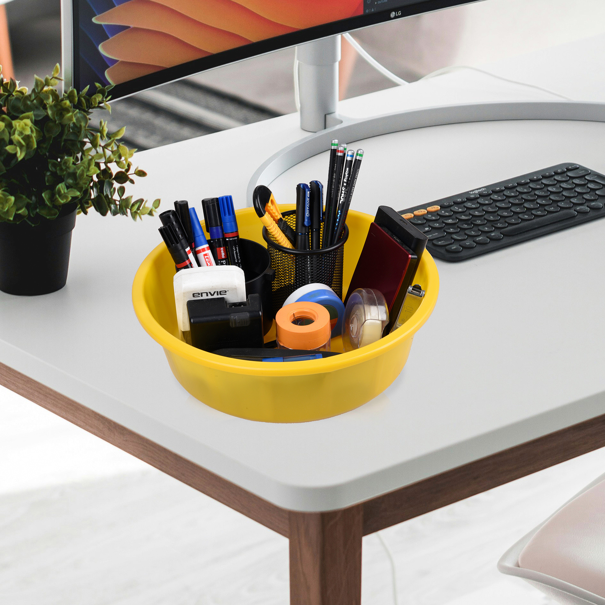 Kuber Industries  Desk Organizer  Stationery Organizer Tub  Multipurpose Storage Organizer  Office Supplies Organizer for Pen-Pencil-Staplers-Clips  Desktop Organizer  6 LTR  Yellow