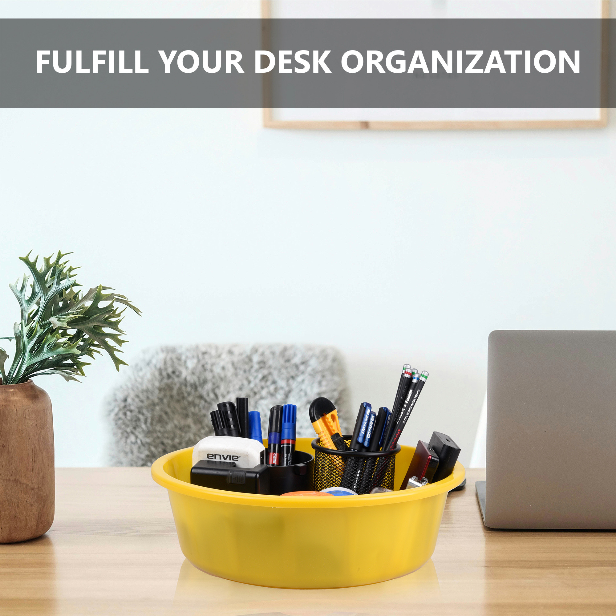 Kuber Industries  Desk Organizer  Stationery Organizer Tub  Multipurpose Storage Organizer  Office Supplies Organizer for Pen-Pencil-Staplers-Clips  Desktop Organizer  6 LTR  Yellow