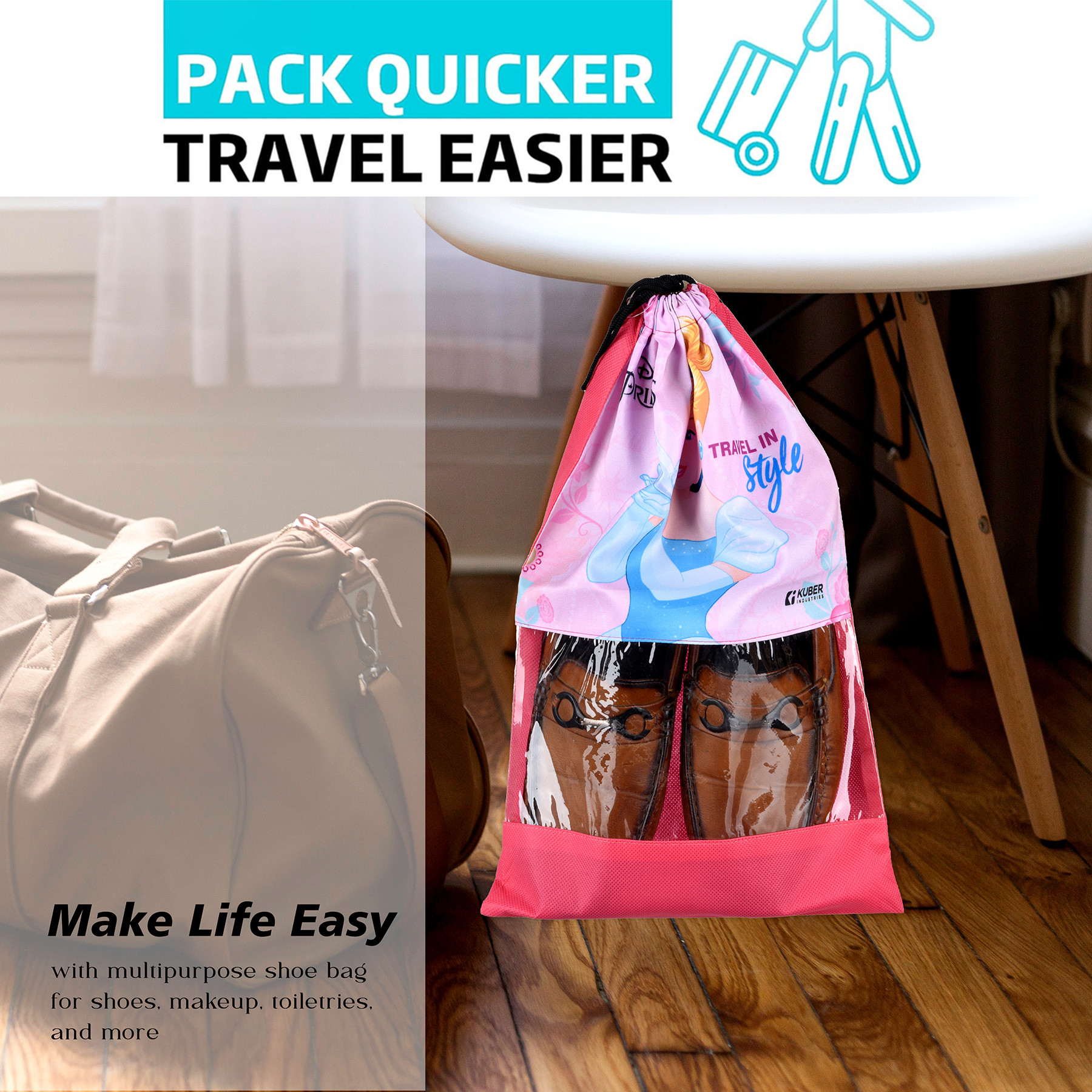 Kuber Industries  Disney Princess Shoe Bags  Shoe Bags for Travel  Drawstring Shoe Storage Bags  Storage Organizers Set  Shoe Cover with Transparent Window  Shoe Pouches  Pink