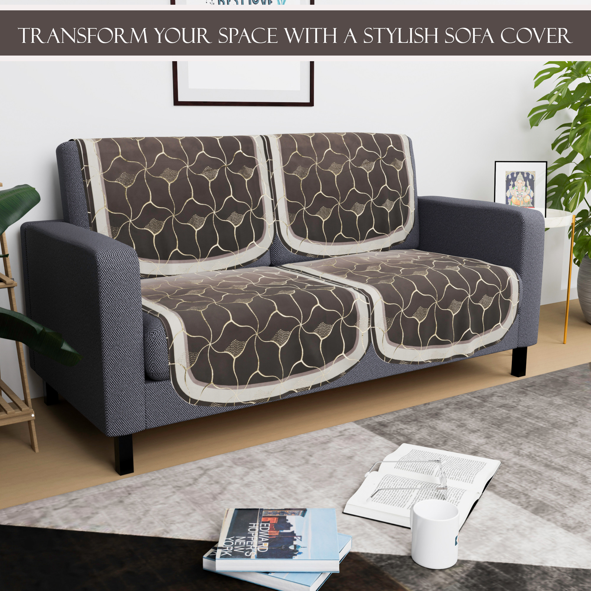 Kuber Industries  Durable  Sofa Cover for Living Room  Easy Machine Washable Sofe ke cover for Protection  Comfort for Home Furniture  Arabica Look - Brown  Golden Foil