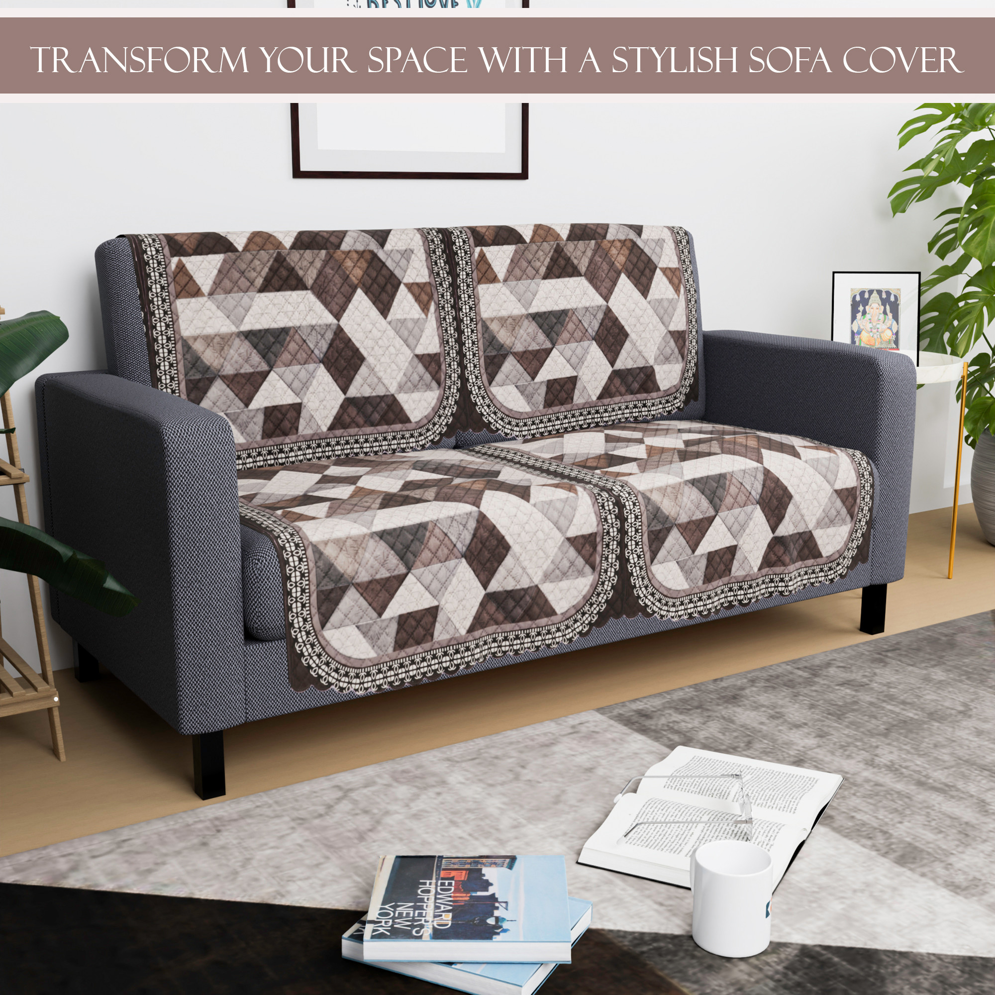 Kuber Industries  Durable  Sofa Cover for Living Room  Easy Machine Washable Sofe ke cover for Protection  Comfort for Home Furniture  Triangle Print - White  Brown