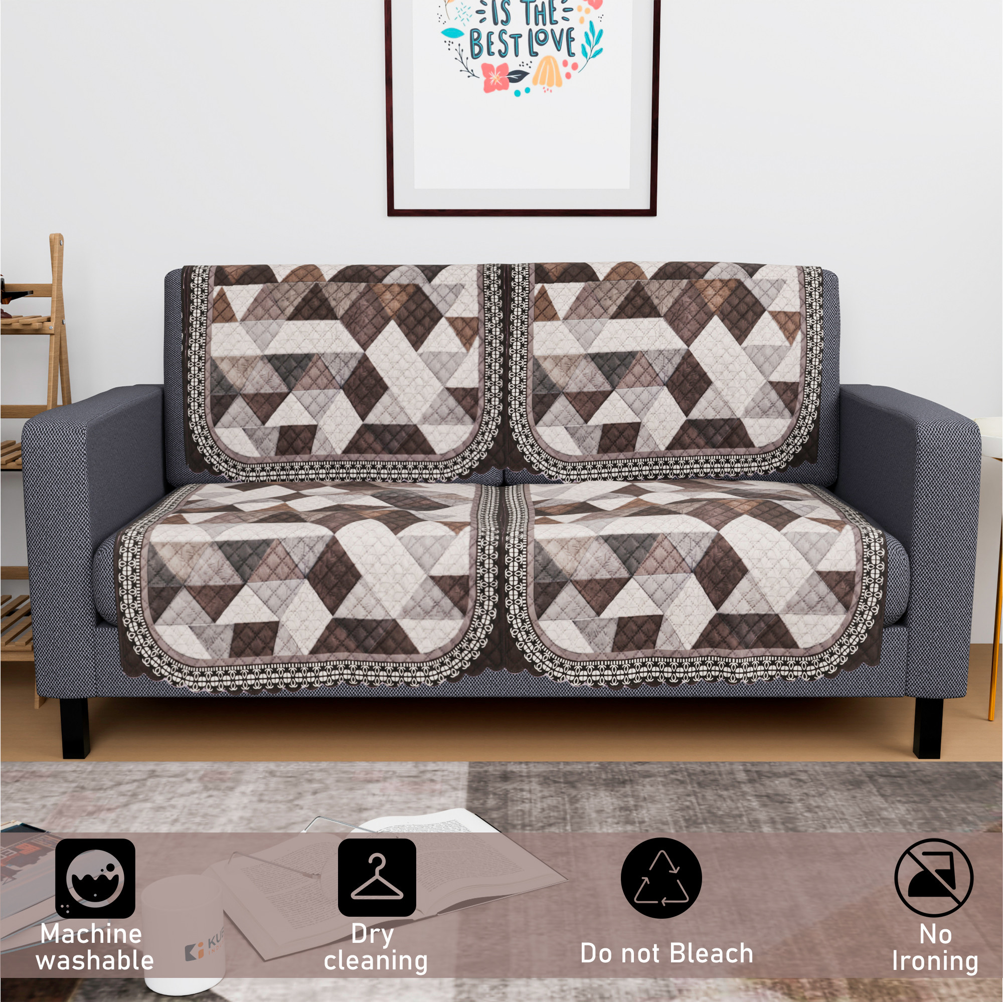 Kuber Industries  Durable  Sofa Cover for Living Room  Easy Machine Washable Sofe ke cover for Protection  Comfort for Home Furniture  Triangle Print - White  Brown