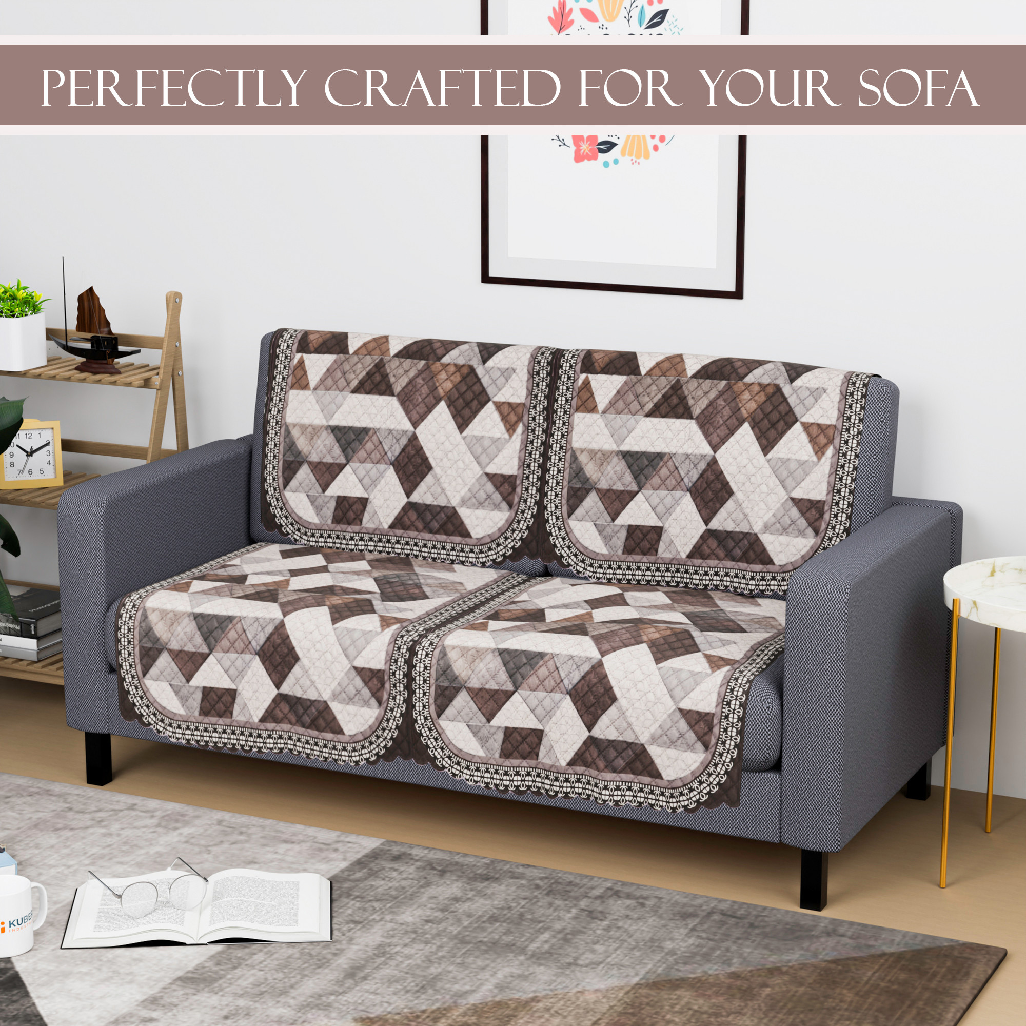 Kuber Industries  Durable  Sofa Cover for Living Room  Easy Machine Washable Sofe ke cover for Protection  Comfort for Home Furniture  Triangle Print - White  Brown
