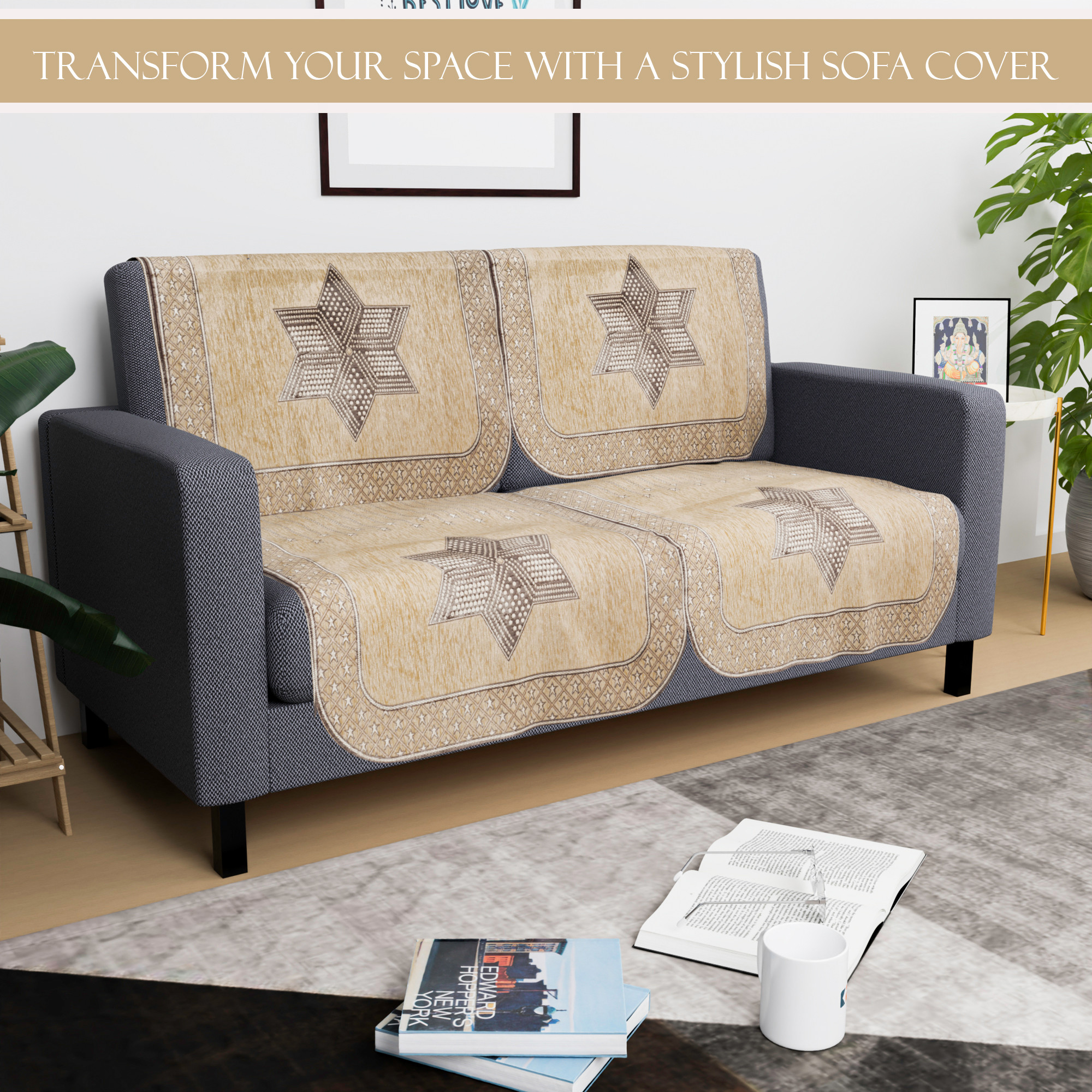 Kuber Industries  Durable  Sofa Cover for Living Room  Easy Machine Washable Sofe ke cover for Protection  Comfort for Home Furniture  Star Print - Cream  Brown