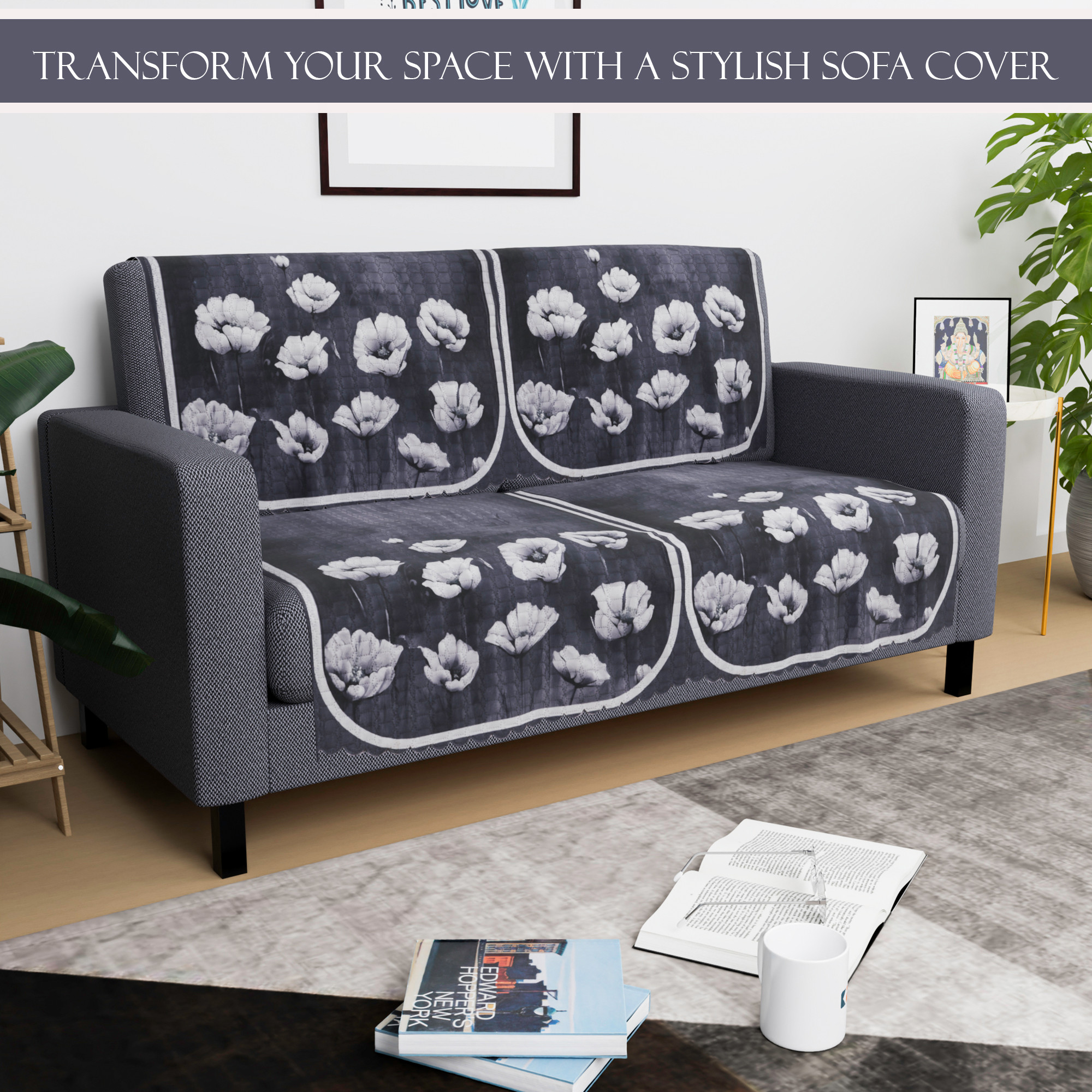 Kuber Industries  Durable  Sofa Covers for Living Room  Easy Machine Washable Sofe ke cover for Protection  Comfort for Home  Lotus Print - Grey