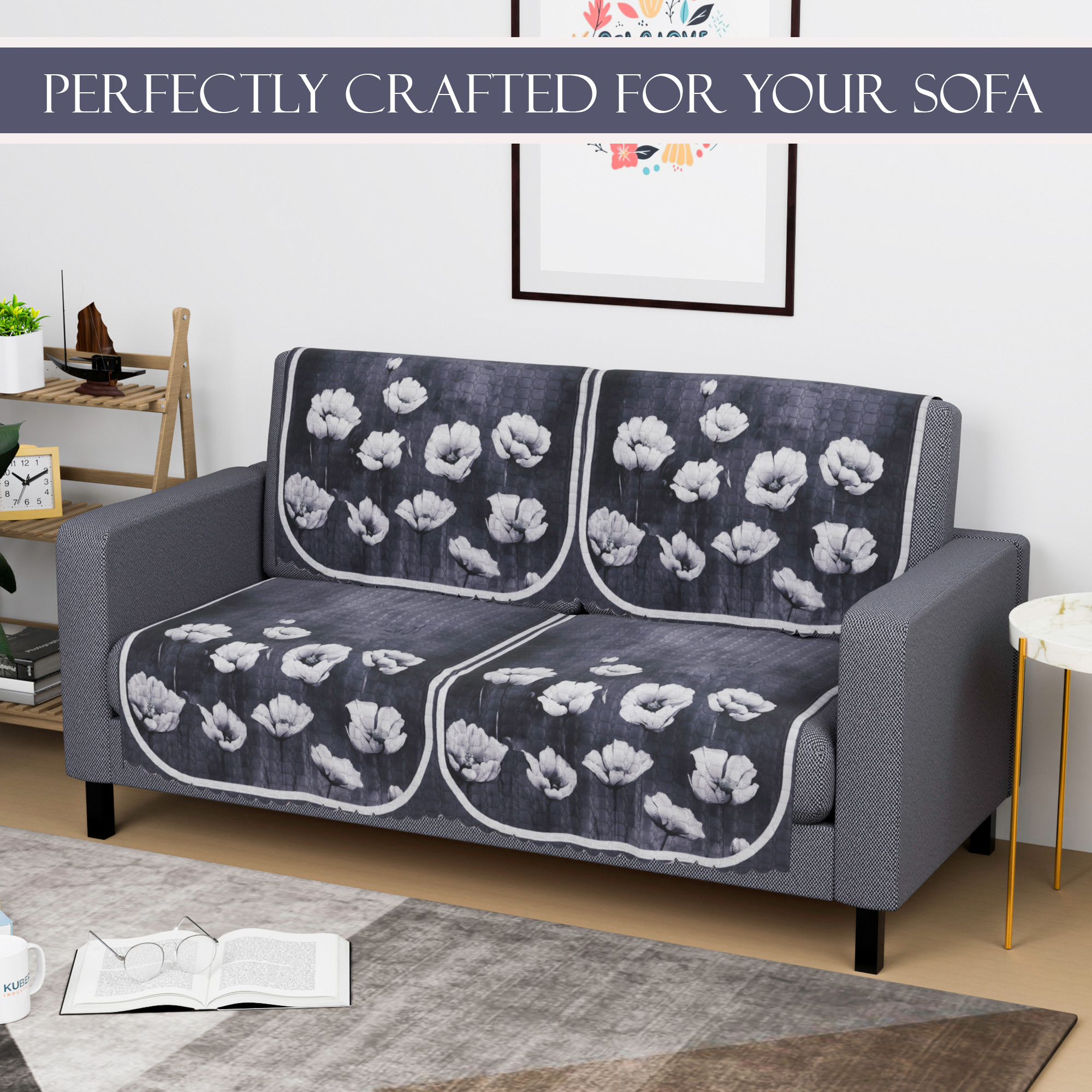Kuber Industries  Durable  Sofa Covers for Living Room  Easy Machine Washable Sofe ke cover for Protection  Comfort for Home  Lotus Print - Grey
