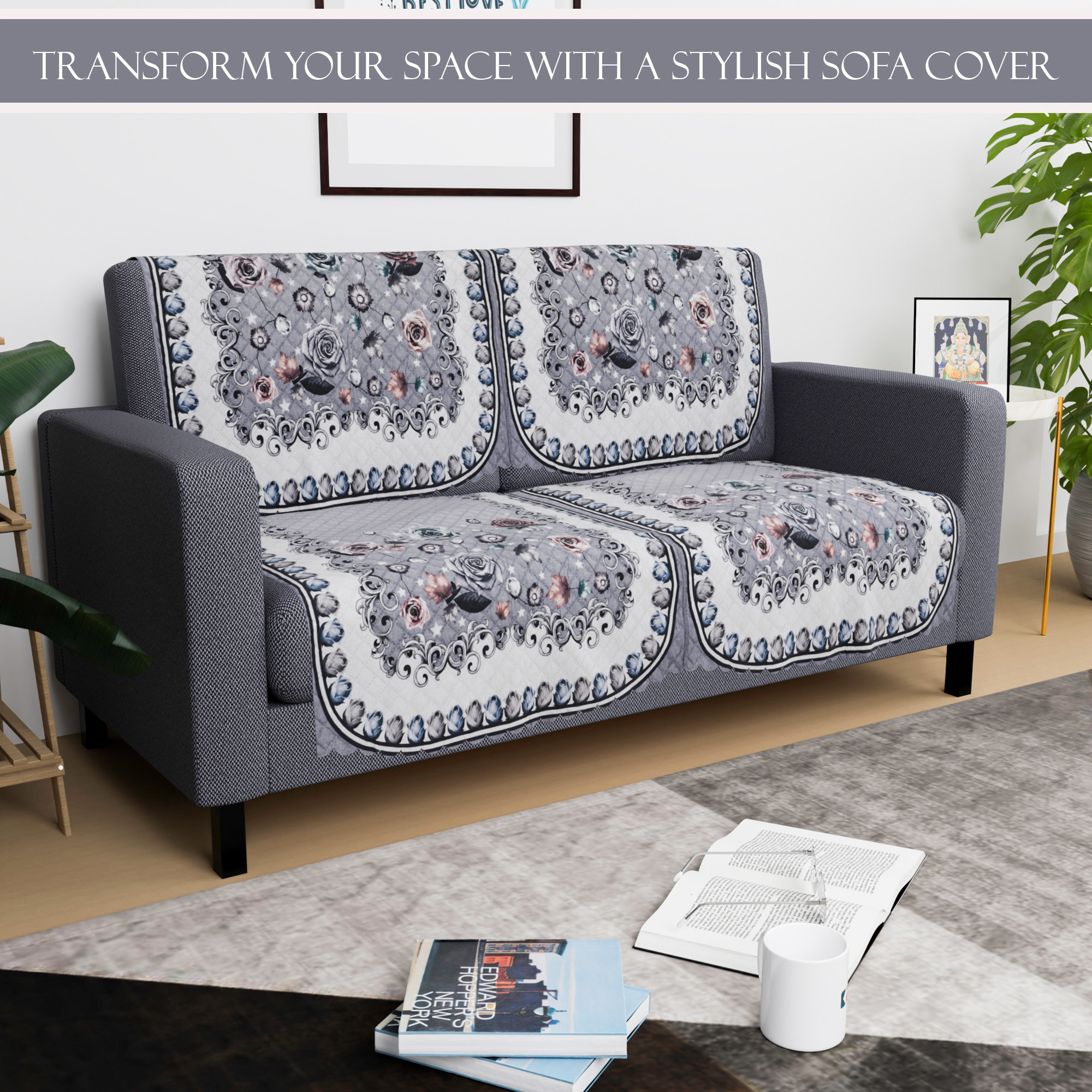 Kuber Industries  Durable  Sofa Covers for Living Room  Easy Machine Washable Sofe ke cover for Protection  Comfort for Home Furniture  Gulab - White Grey