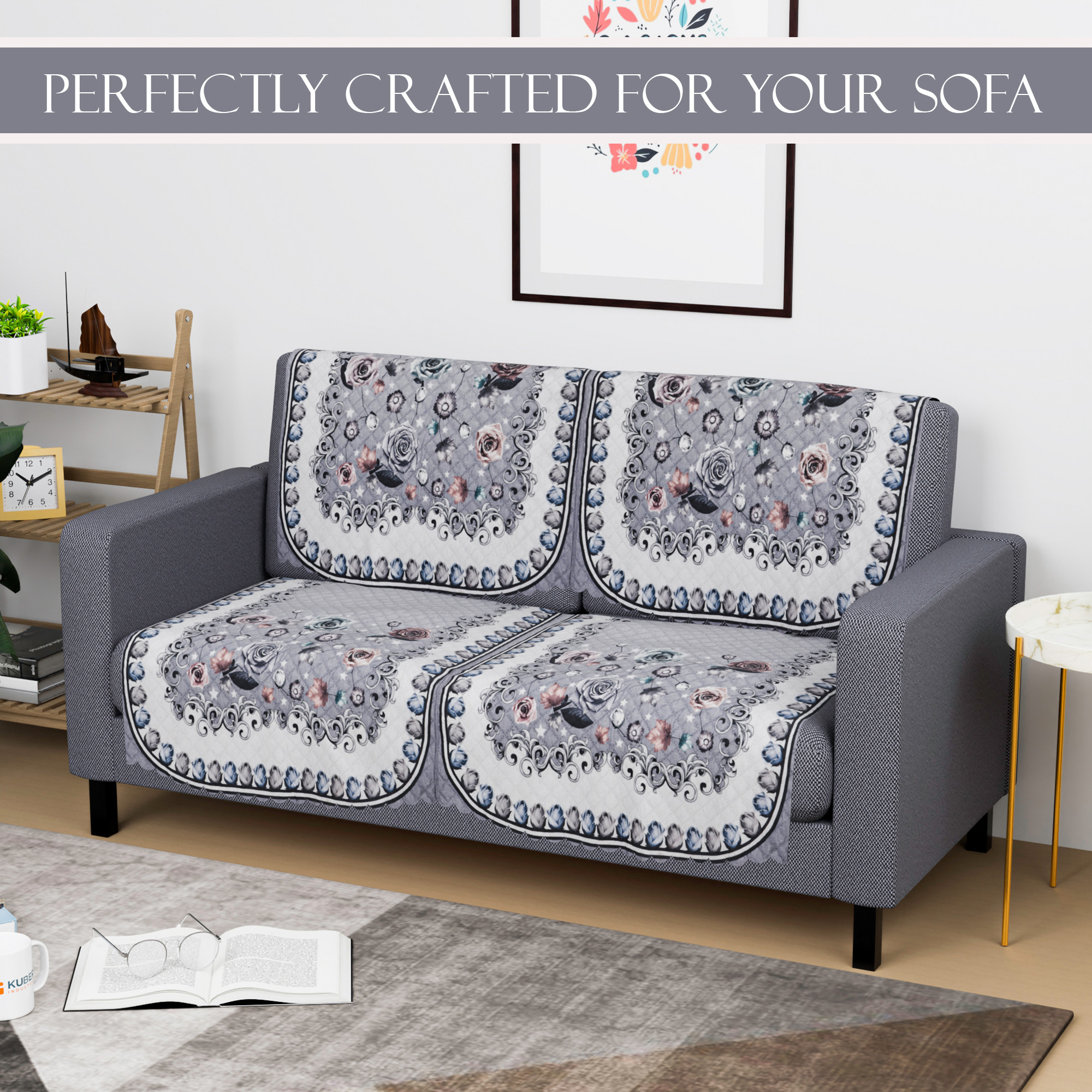 Kuber Industries  Durable  Sofa Covers for Living Room  Easy Machine Washable Sofe ke cover for Protection  Comfort for Home Furniture  Gulab - White Grey