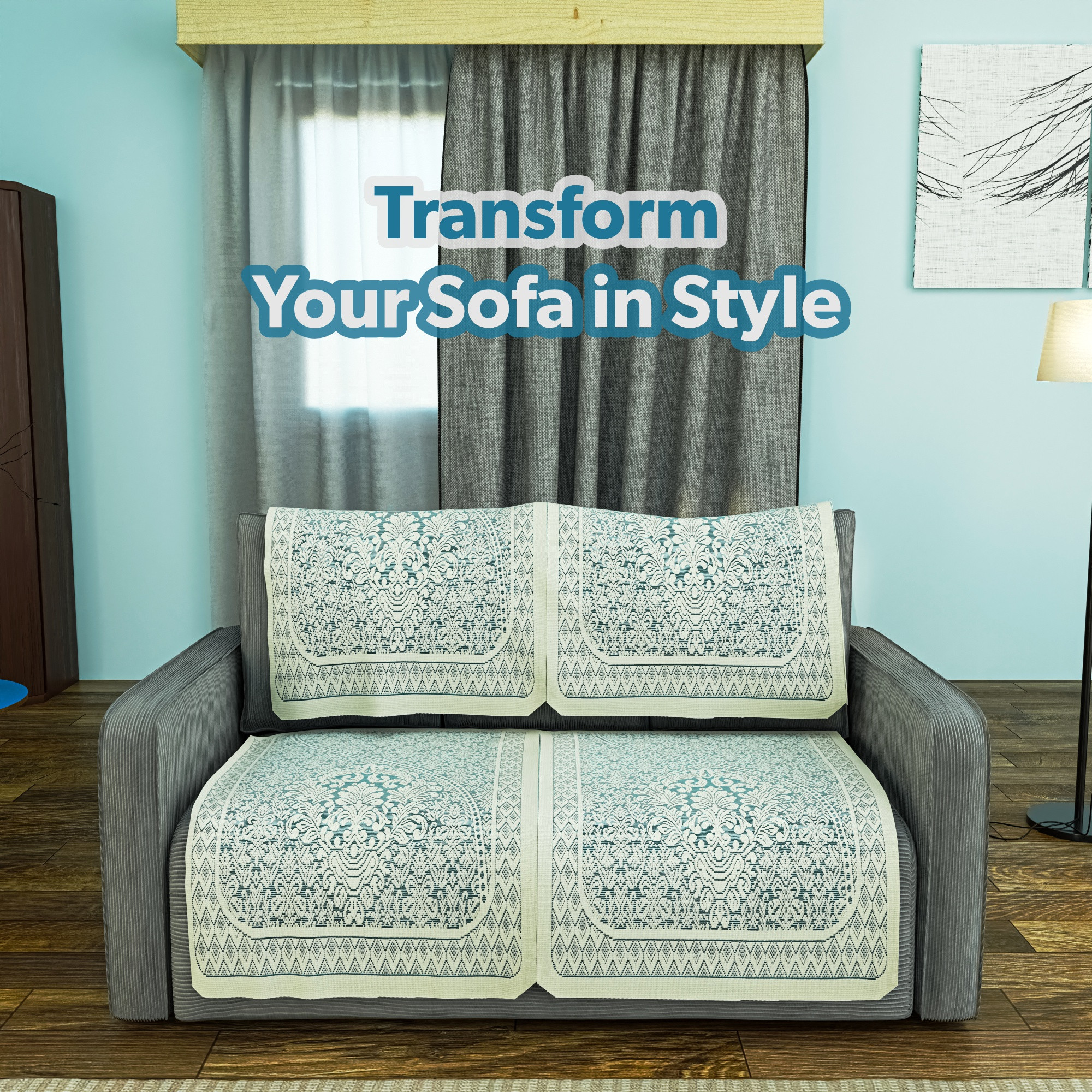 Kuber Industries  Durable  Sofa Covers for Living Room  Machine Washable Sofe ke cover for Protection  Comfort  Floral Design - Aqua  White