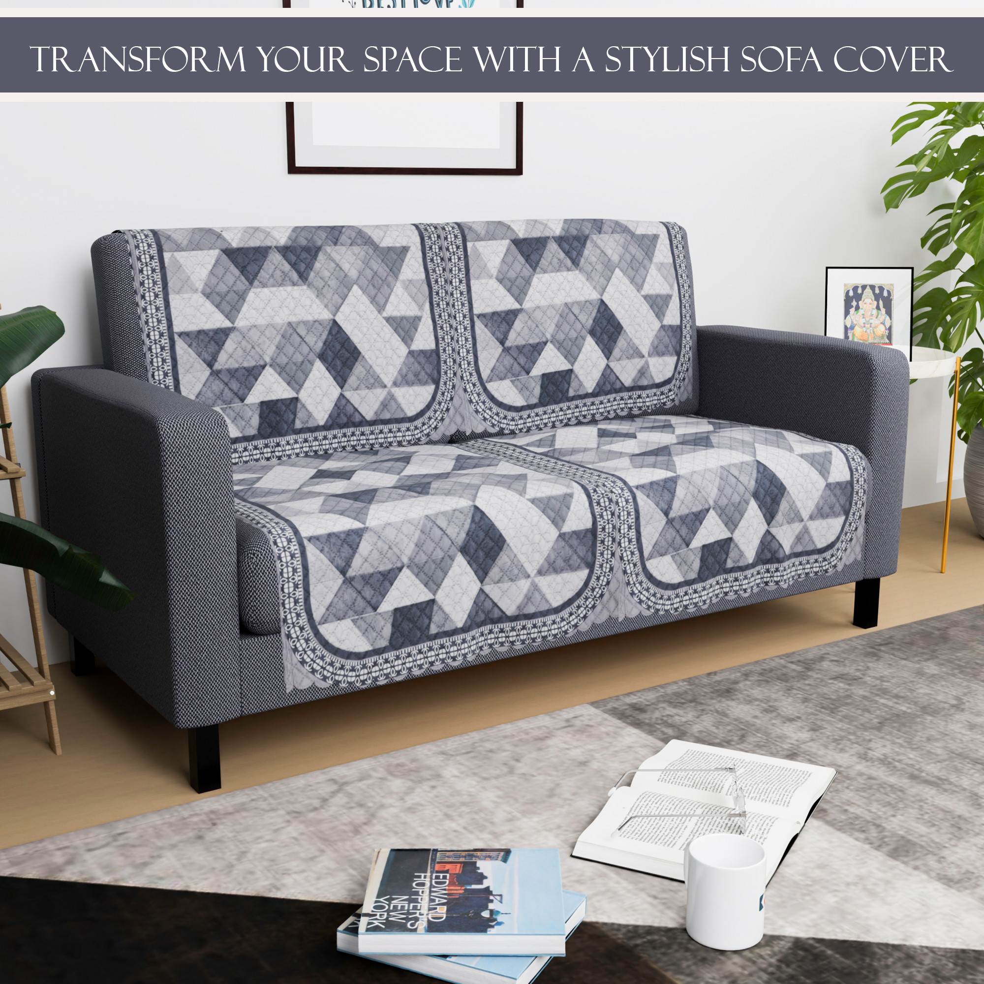 Kuber Industries  Durable  Sofa Covers for Living Room  Sofe ke cover for Protection  Comfort for Home Furniture  Triangular Ultra Sonic BMW-White Grey