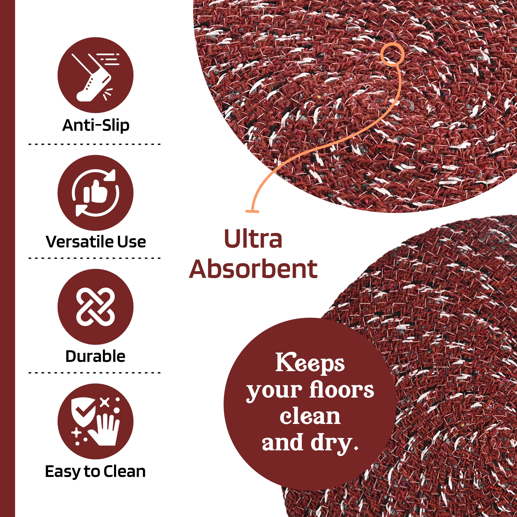 Kuber Industries  Durable Round Door Mats for Home  Living Room  15x15 Inches Rainy Season Mats for Floor  Footmats for Bedroom Kitchen  Balcony  Maroon