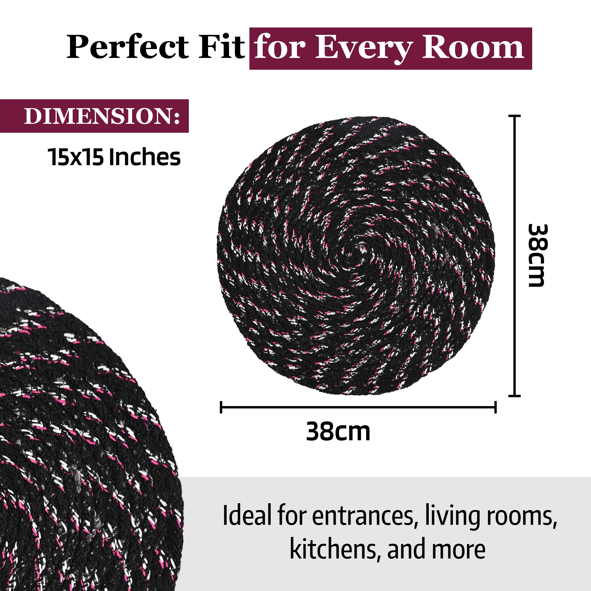 Kuber Industries  Durable Round Door Mats for Home  Living Room  15x15 Inches Rainy Season Mats for Floor  Footmats for Bedroom Kitchen  Balcony  Black