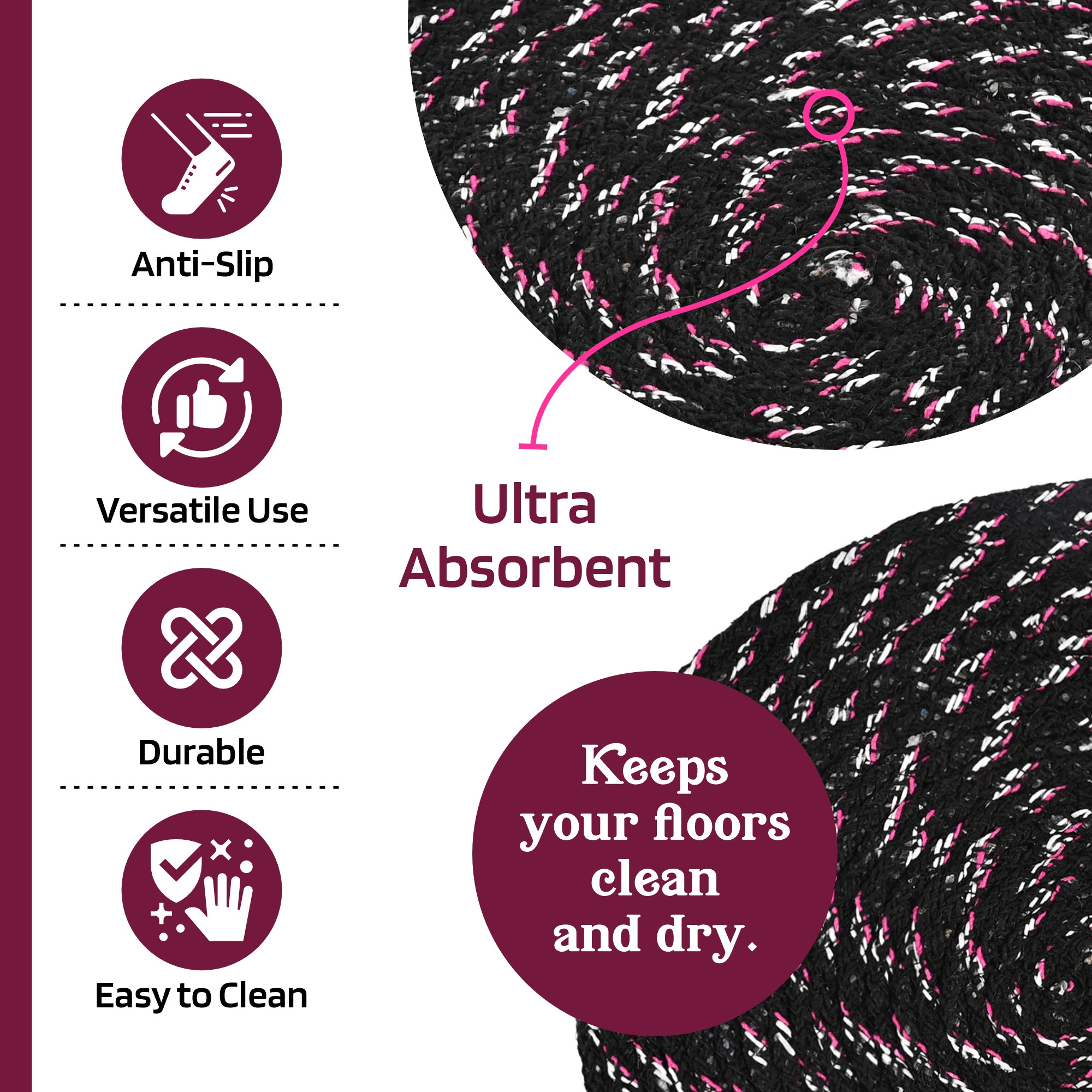 Kuber Industries  Durable Round Door Mats for Home  Living Room  15x15 Inches Rainy Season Mats for Floor  Footmats for Bedroom Kitchen  Balcony  Black