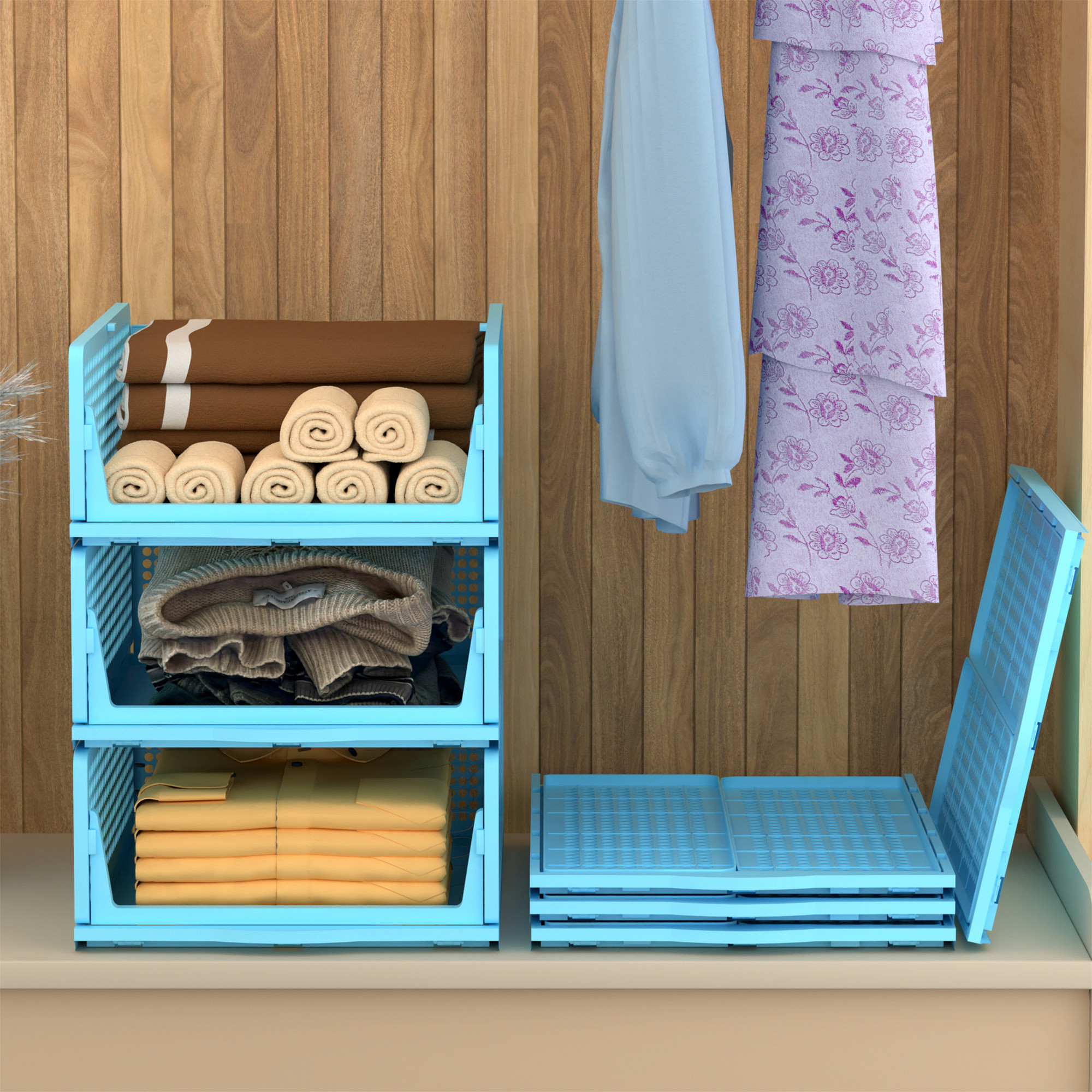 Kuber Industries  Foldable Kids Wardrobe Organizer for Clothes Storage  Stackable Slide Out Baby Dress Organiser for Wardrobe - Home Organizers for Girls Cupboard Closet  Blue