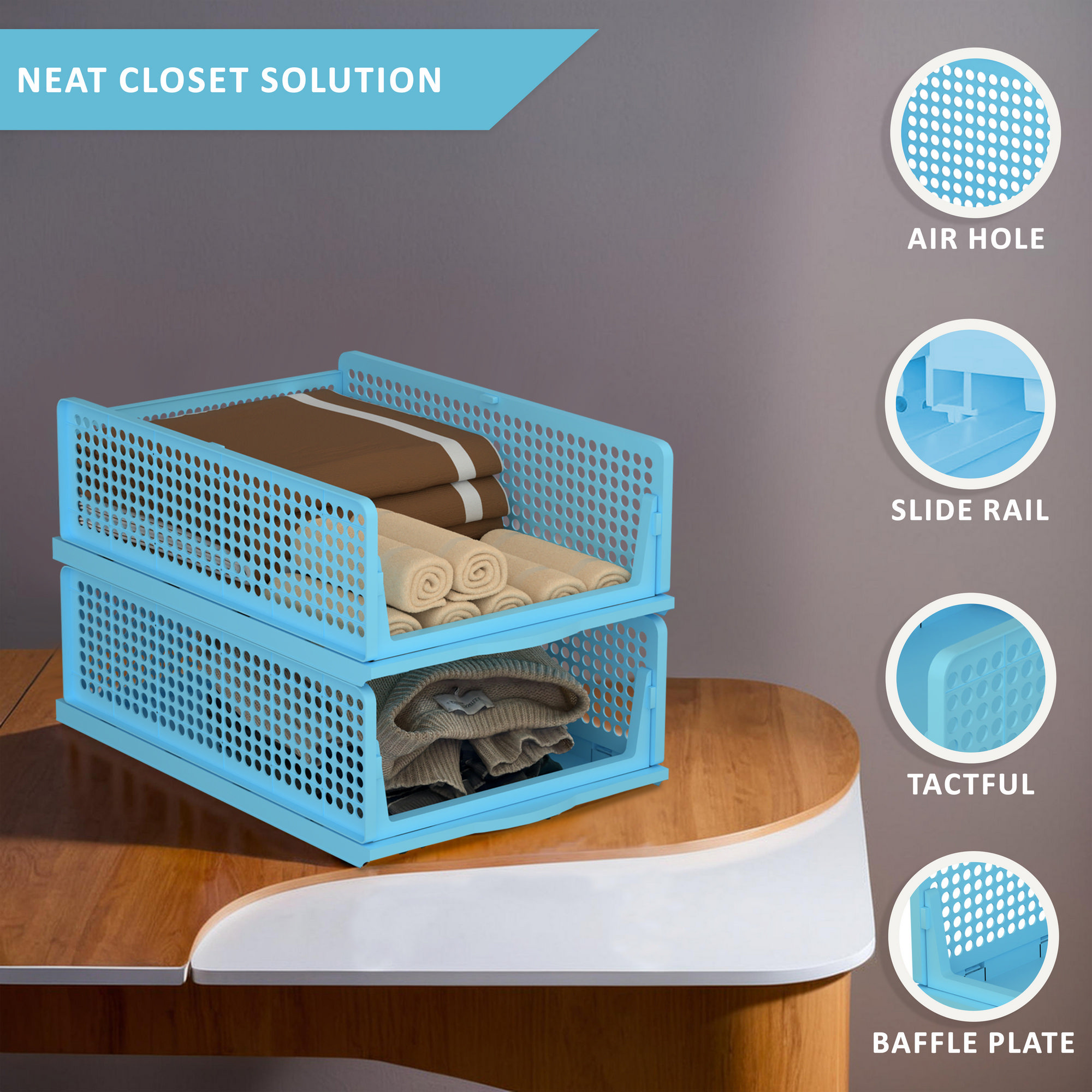 Kuber Industries  Foldable Kids Wardrobe Organizer for Clothes Storage  Stackable Slide Out Baby Dress Organiser for Wardrobe - Home Organizers for Girls Cupboard Closet  Blue