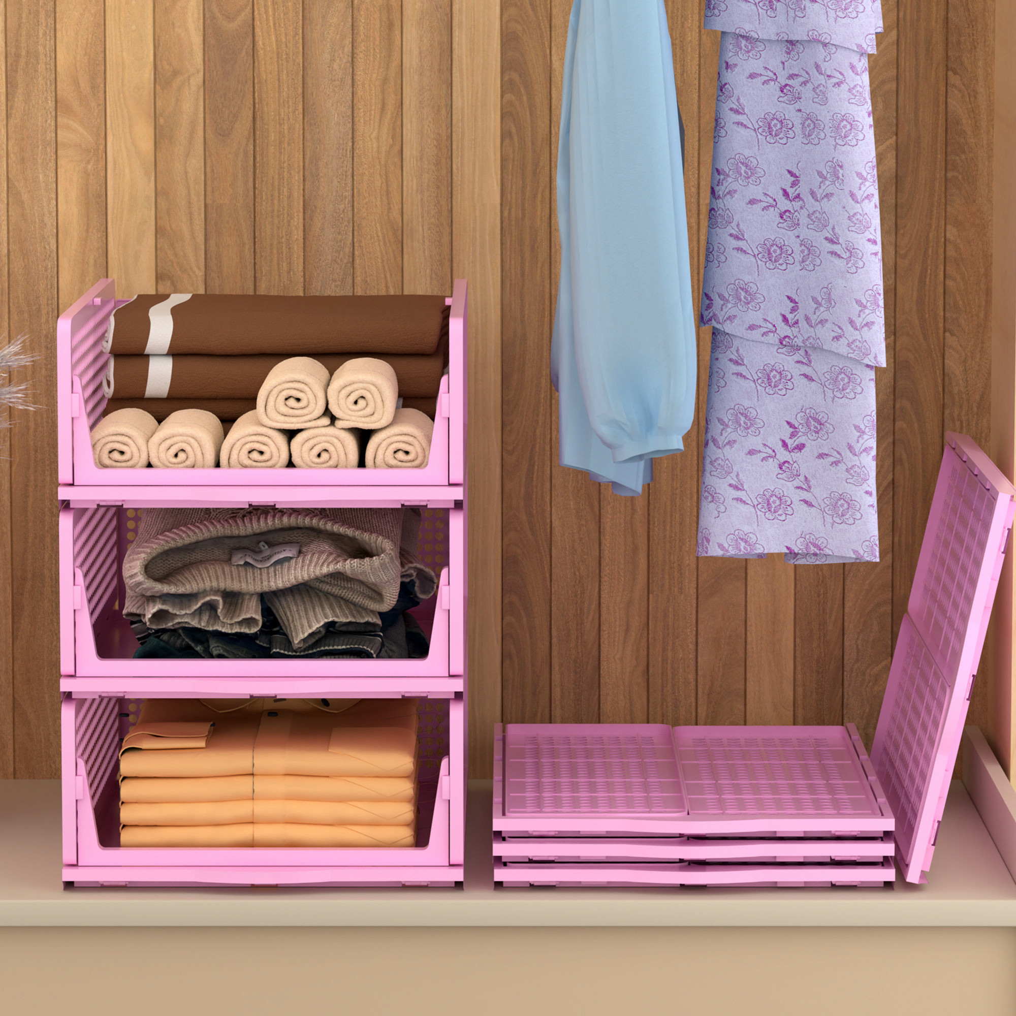 Kuber Industries  Foldable Kids Wardrobe Organizer for Clothes Storage  Stackable Slide Out Baby Dress Organiser for Wardrobe - Home Organizers for Girls Cupboard Closet  Pink