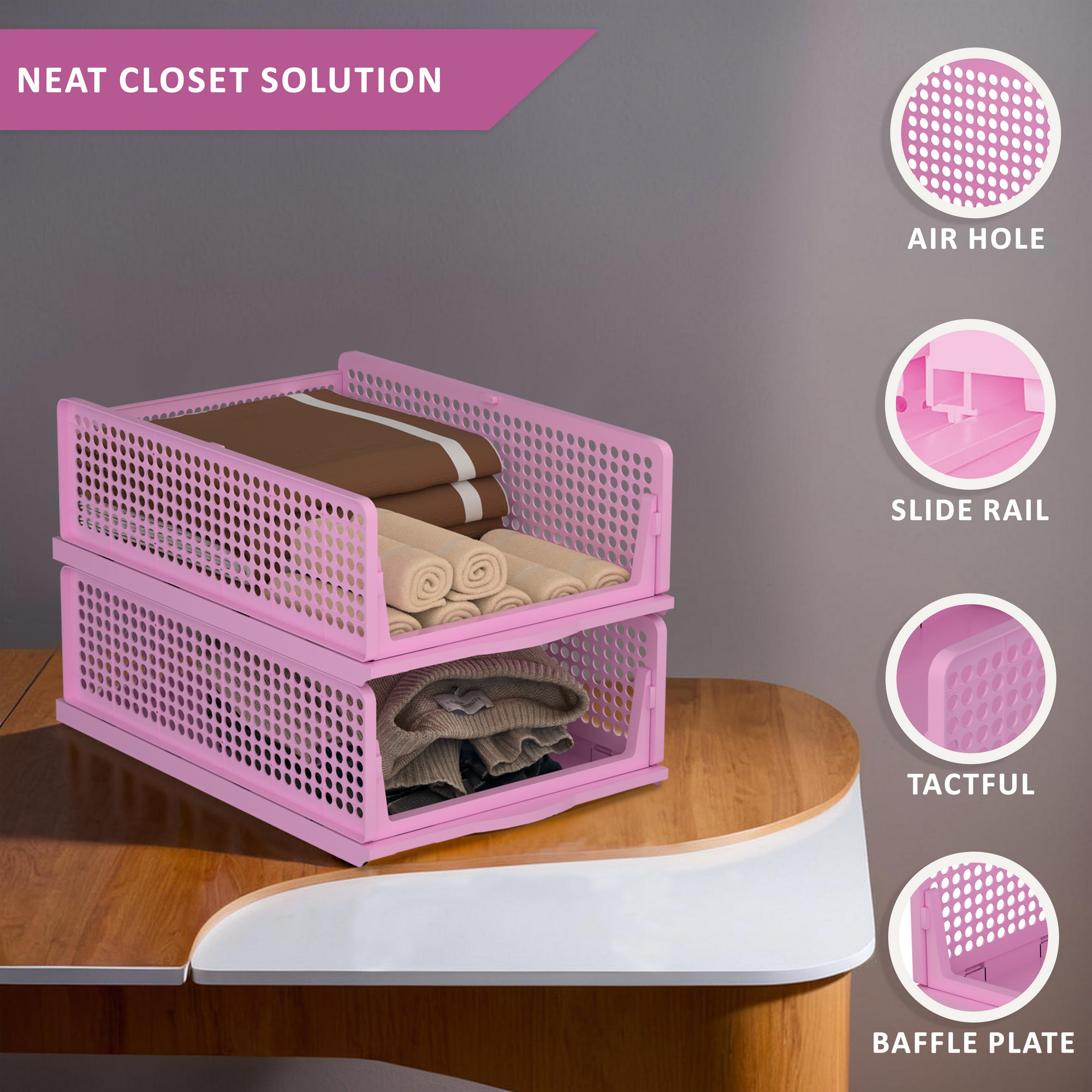 Kuber Industries  Foldable Kids Wardrobe Organizer for Clothes Storage  Stackable Slide Out Baby Dress Organiser for Wardrobe - Home Organizers for Girls Cupboard Closet  Pink