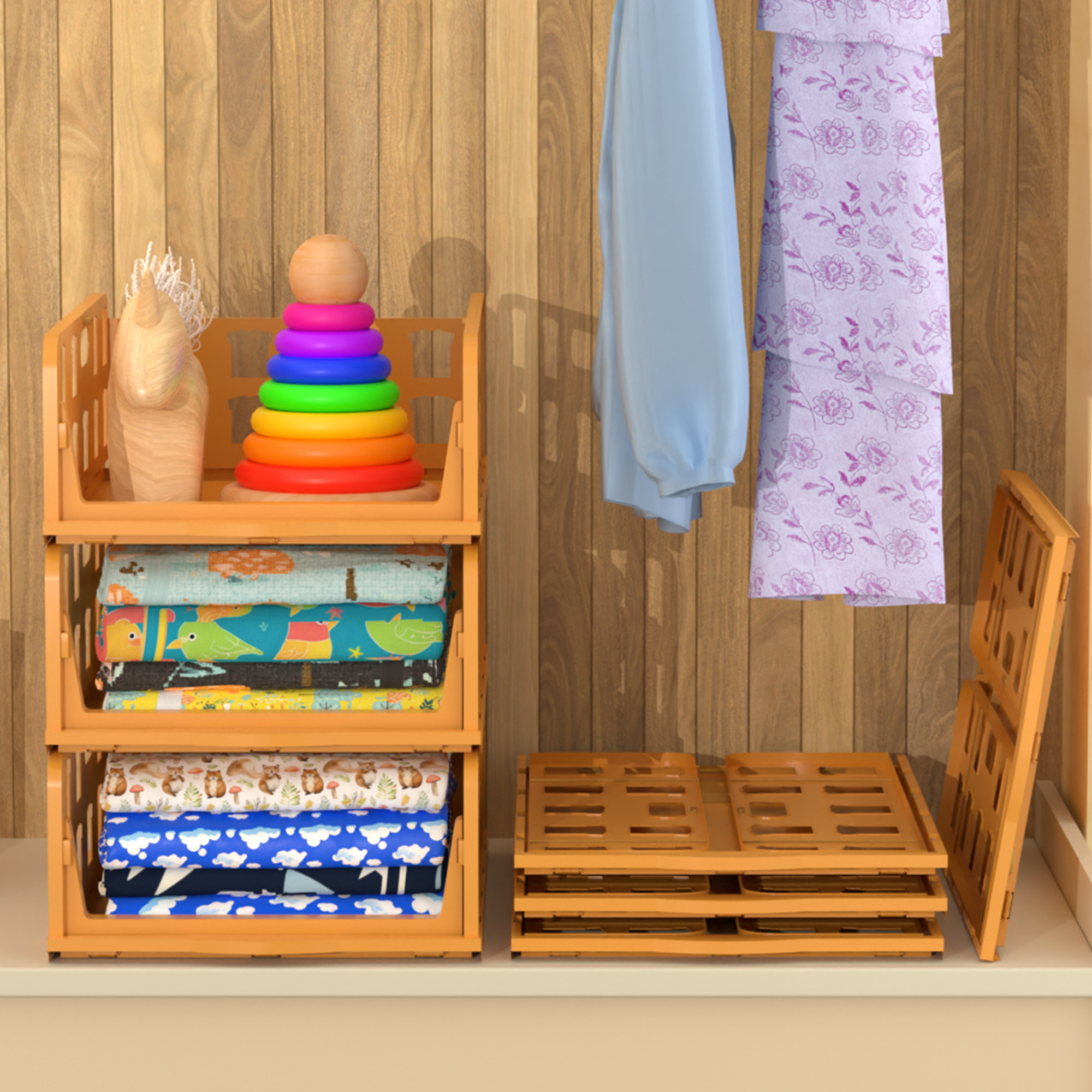 Kuber Industries  Foldable Kids Wardrobe Organizer for Clothes Storage  Stackable Slide Out Baby Dress Organiser for Wardrobe - Home Organizers for Girls Cupboard Closet  Brown