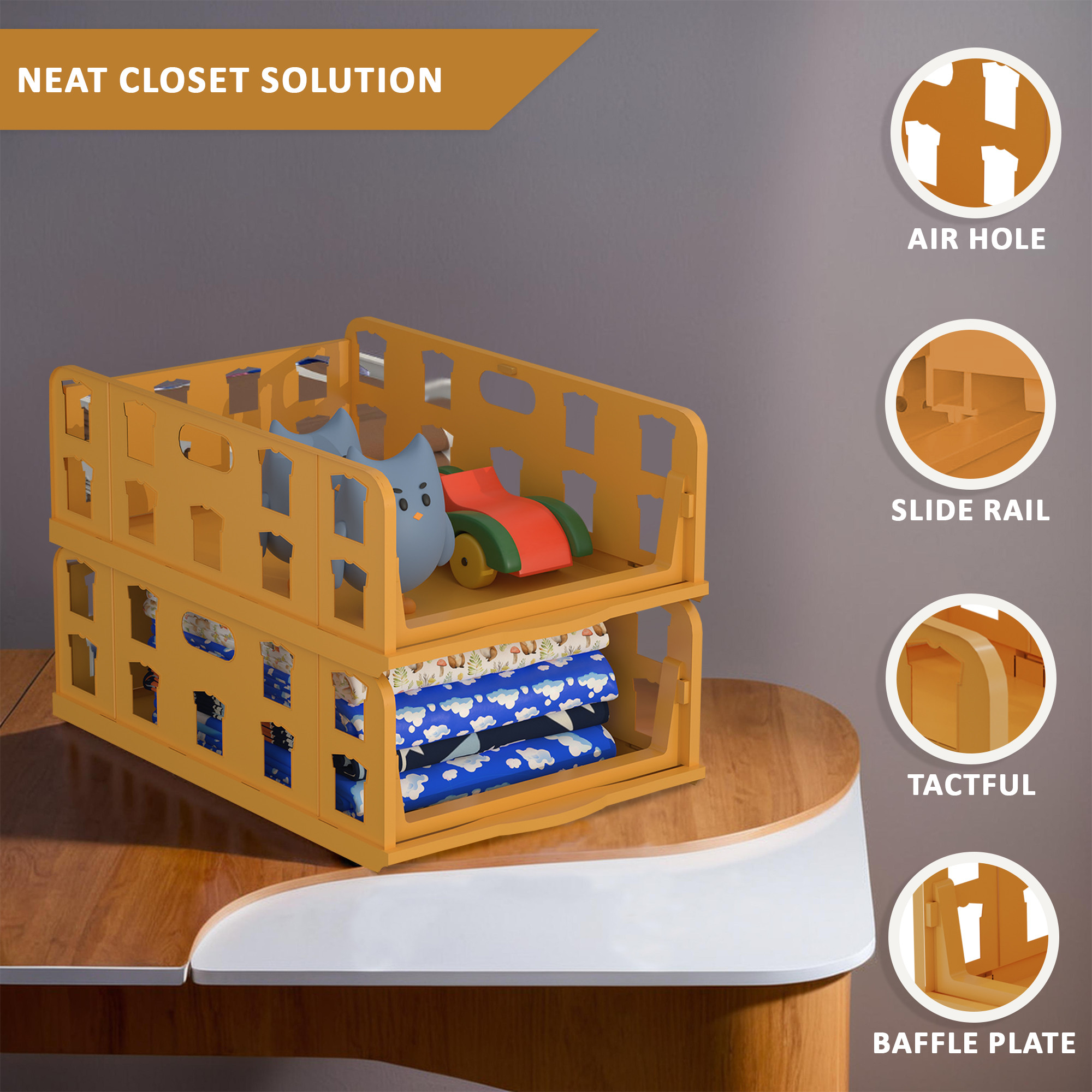 Kuber Industries  Foldable Kids Wardrobe Organizer for Clothes Storage  Stackable Slide Out Baby Dress Organiser for Wardrobe - Home Organizers for Girls Cupboard Closet  Brown