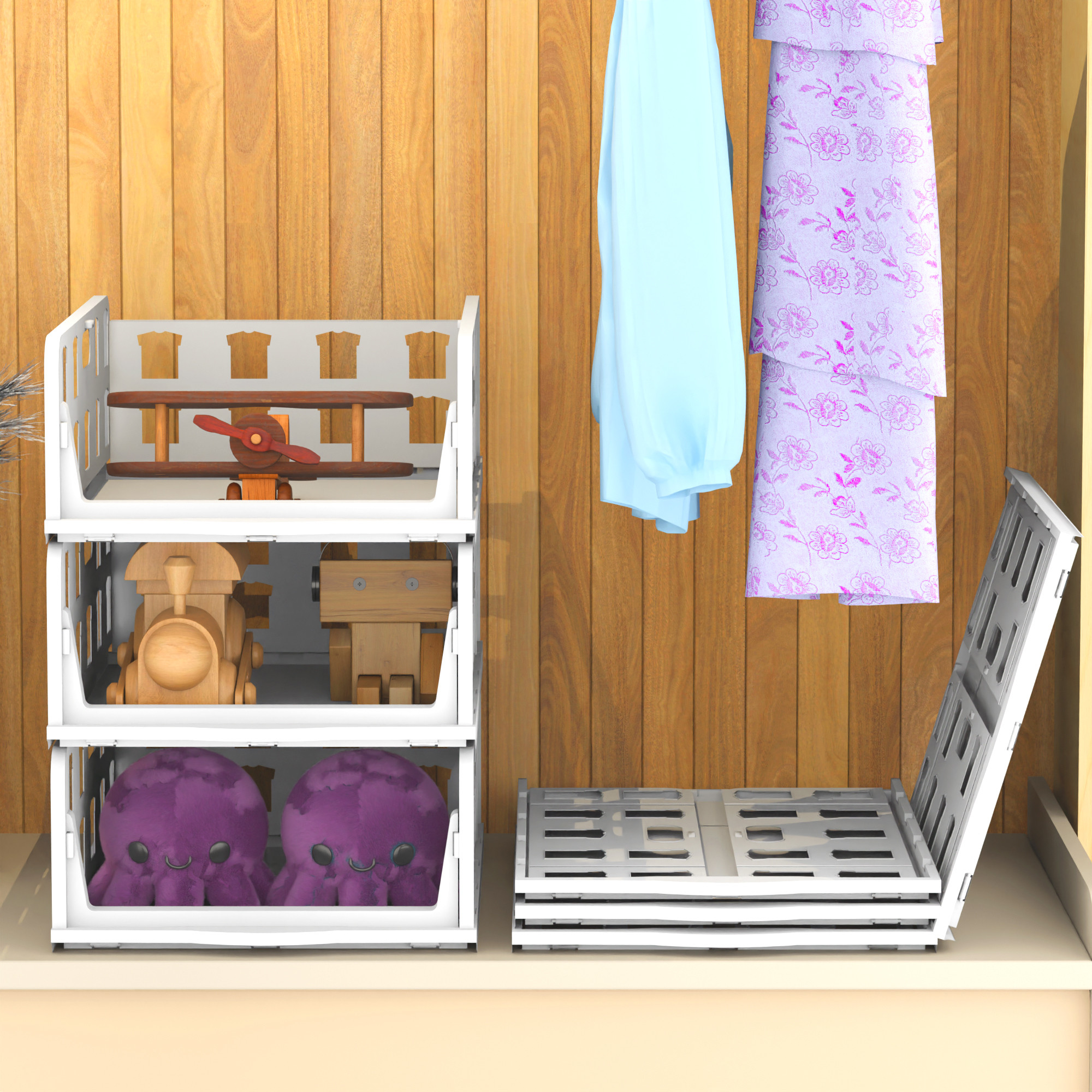 Kuber Industries  Foldable Kids Wardrobe Organizer for Clothes Storage  Stackable Slide Out Baby Dress Organiser for Wardrobe - Home Organizers for Girls Cupboard Closet  White