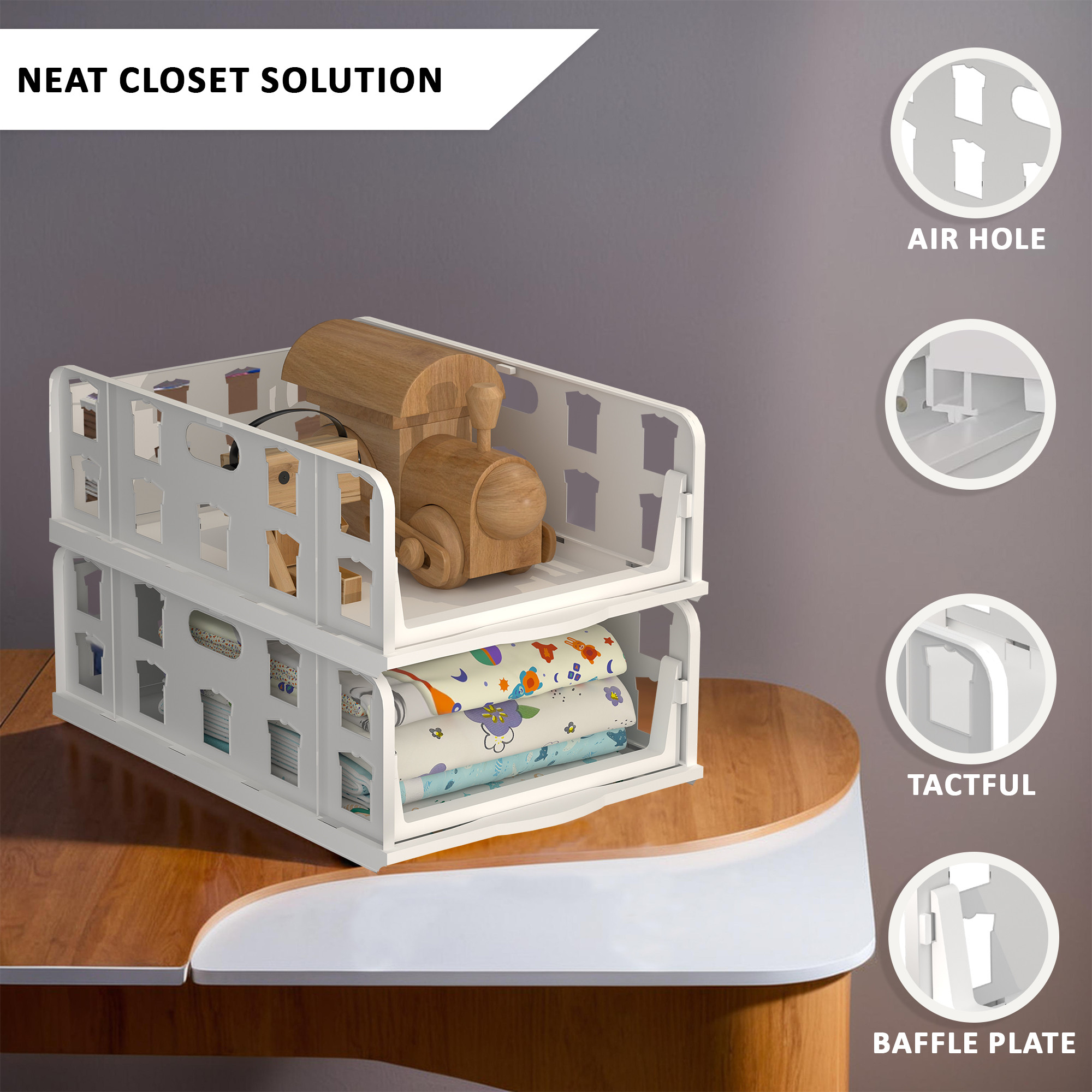 Kuber Industries  Foldable Kids Wardrobe Organizer for Clothes Storage  Stackable Slide Out Baby Dress Organiser for Wardrobe - Home Organizers for Girls Cupboard Closet  White