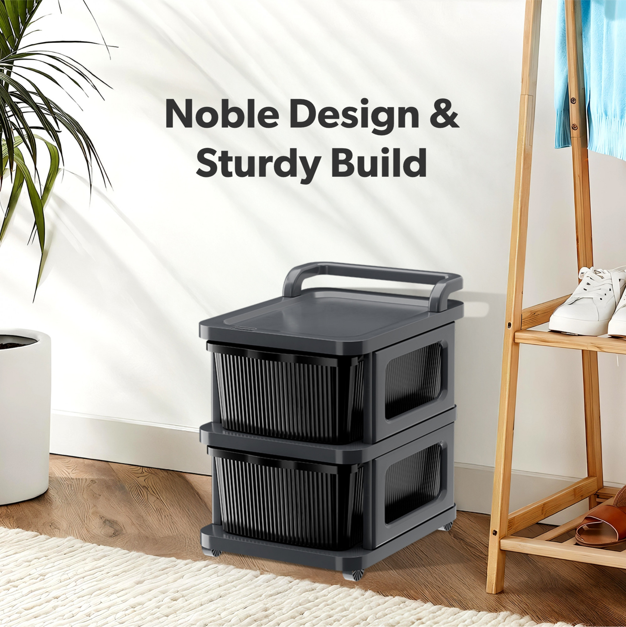 Kuber Industries  Heavy Duty Plastic Storage Drawer with Wheels  Modular Cabinet for Bedroom Office Home  Chest of Drawers Organiser for Cosmetics Kitchen items Toys  Grey  Black