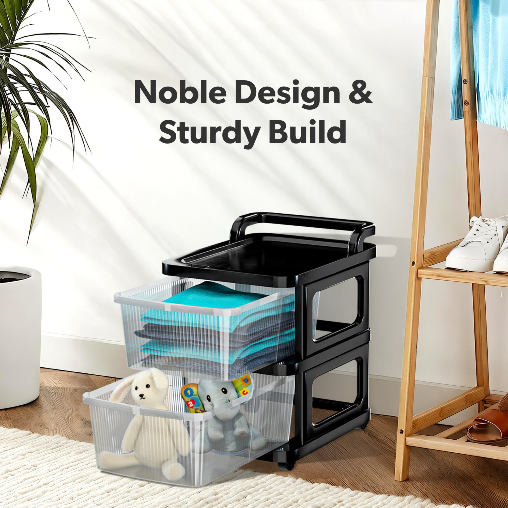 Kuber Industries  Heavy Duty Plastic Storage Drawer with Wheels  Modular Cabinet for Bedroom Office Home  Chest of Drawers Organiser for Cosmetics Kitchen items Toys  Transparent Black