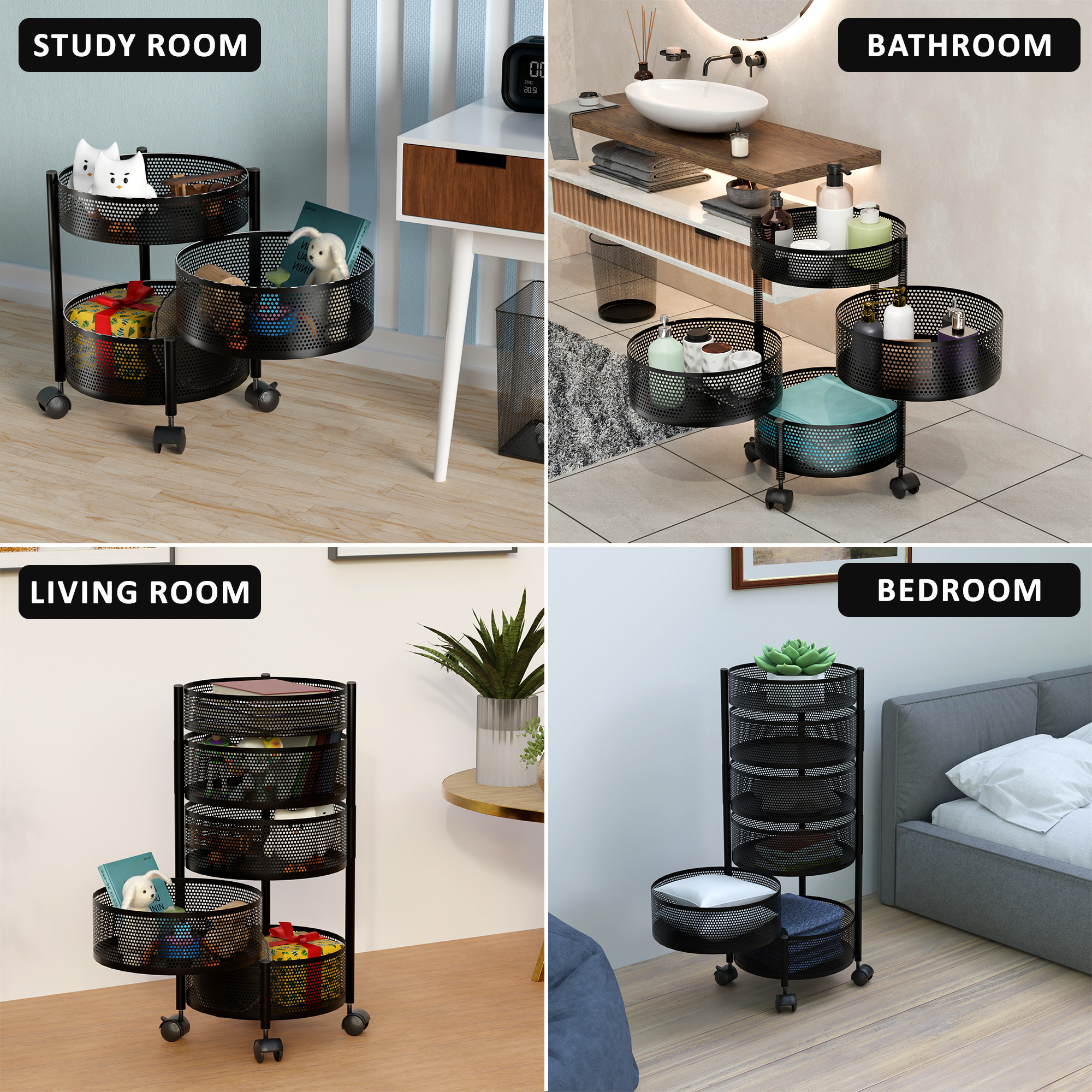 Kuber Industries  Kitchen Storage Rack  Metal Kitchen Trolley with Wheels  Vegetable Rack for Kitchen  Revolving Vegetable  Fruit Stand for Kitchen  Round Shape - Black