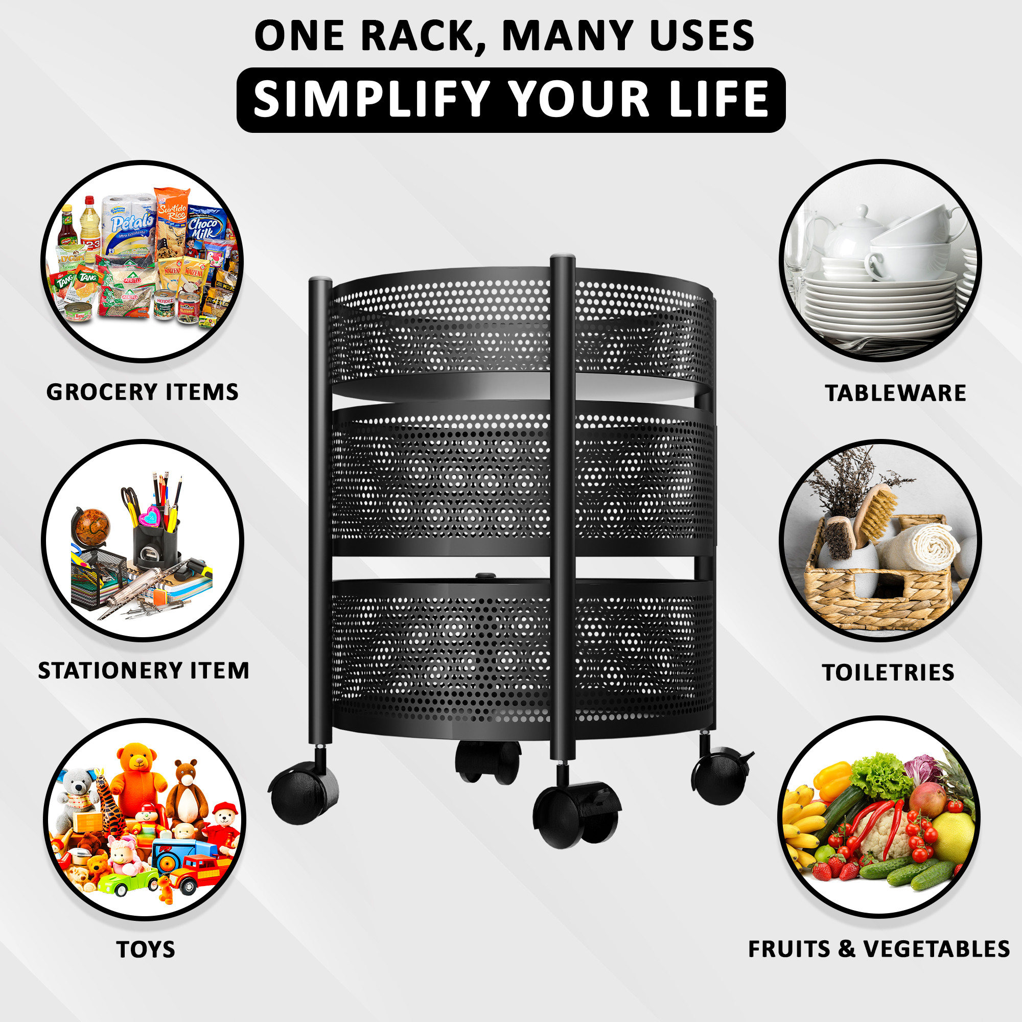 Kuber Industries  Kitchen Storage Rack  Metal Kitchen Trolley with Wheels  Vegetable Rack for Kitchen  Revolving Vegetable  Fruit Stand for Kitchen  Round Shape - Black