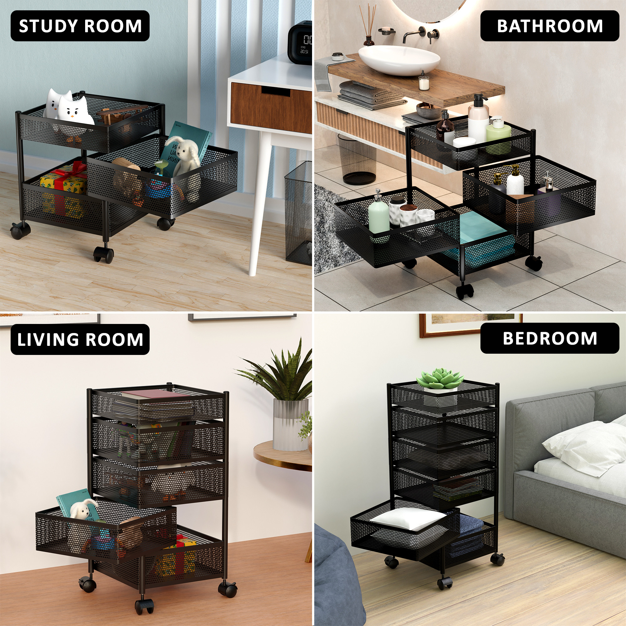 Kuber Industries  Kitchen Storage Rack  Metal Kitchen Trolley with Wheels  Vegetable Rack for Kitchen  Revolving Vegetable  Fruit Stand for Kitchen  Square Shape - Black