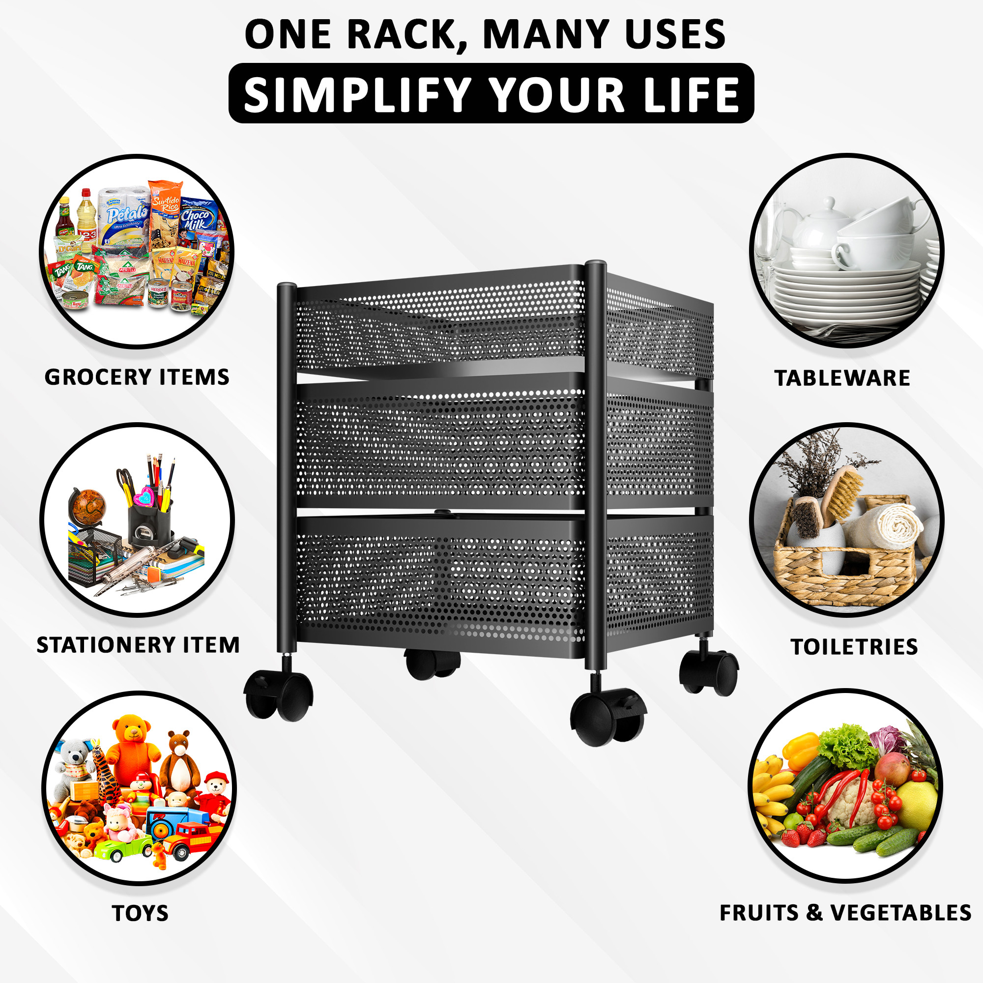 Kuber Industries  Kitchen Storage Rack  Metal Kitchen Trolley with Wheels  Vegetable Rack for Kitchen  Revolving Vegetable  Fruit Stand for Kitchen  Square Shape - Black