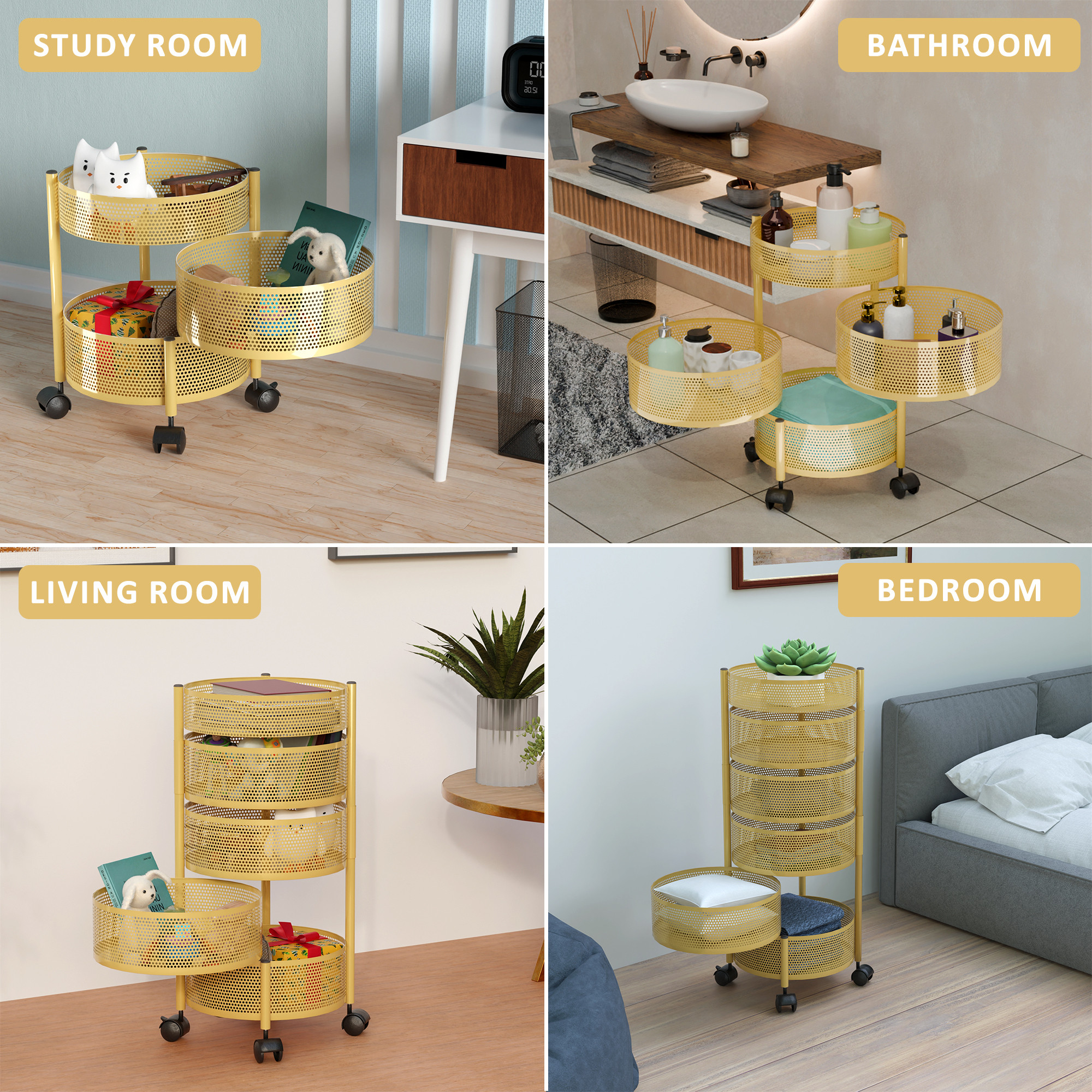 Kuber Industries  Kitchen Storage Rack  Metal Kitchen Trolley with Wheels  Vegetable Rack for Kitchen  Revolving Vegetable  Fruit Stand for Kitchen  Round Shape - Golden