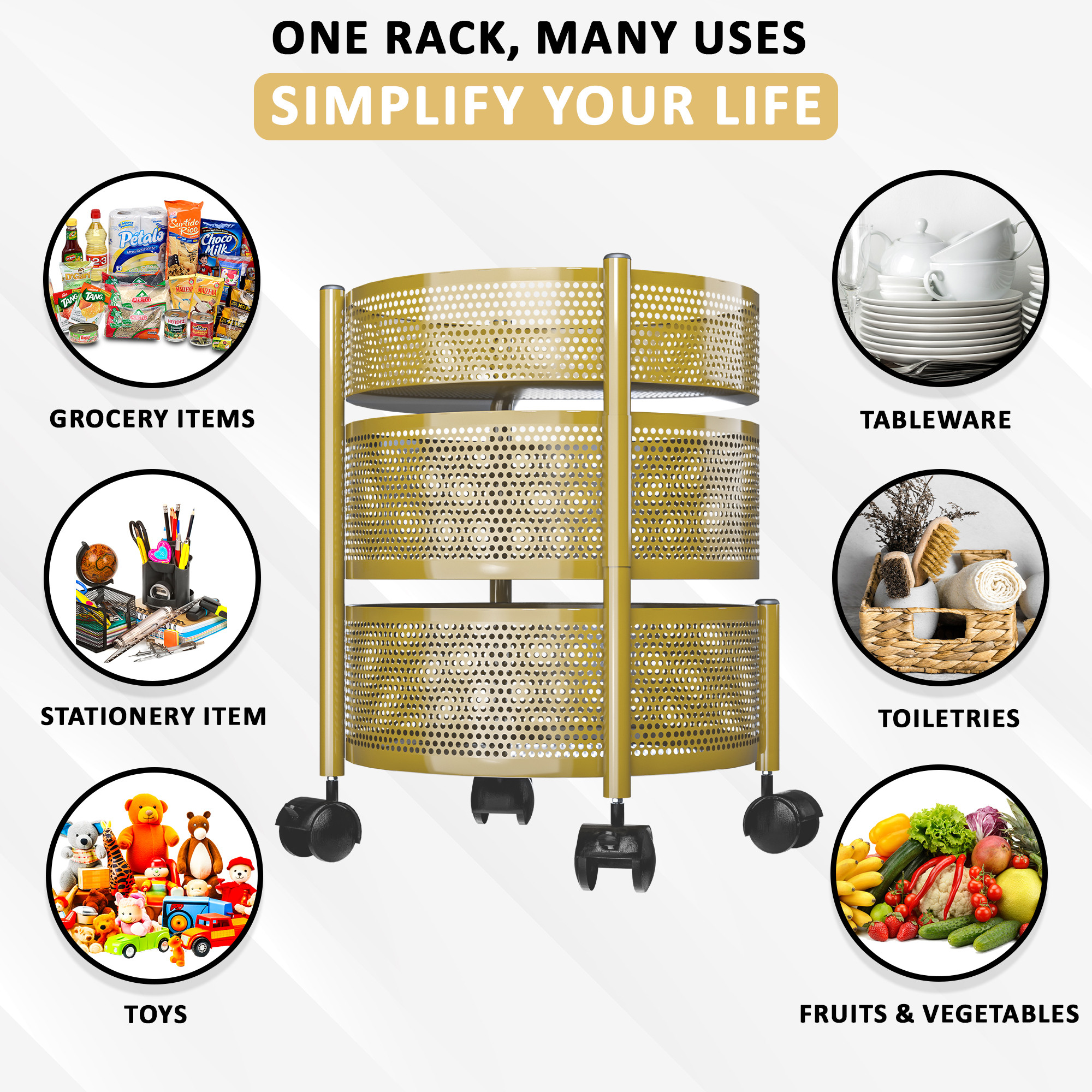 Kuber Industries  Kitchen Storage Rack  Metal Kitchen Trolley with Wheels  Vegetable Rack for Kitchen  Revolving Vegetable  Fruit Stand for Kitchen  Round Shape - Golden