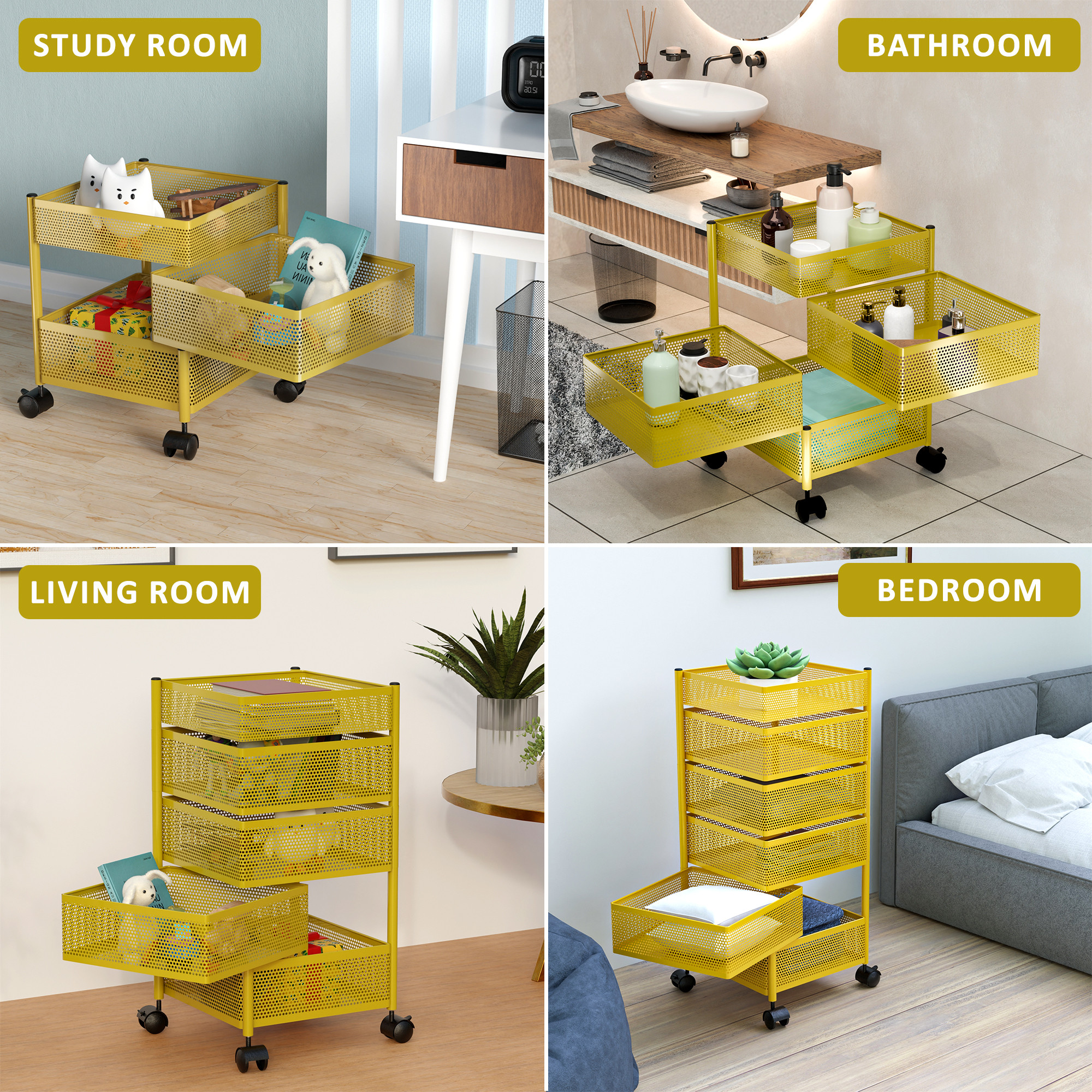 Kuber Industries  Kitchen Storage Rack  Metal Kitchen Trolley with Wheels  Vegetable Rack for Kitchen  Revolving Vegetable  Fruit Stand for Kitchen  Square Shape - Golden