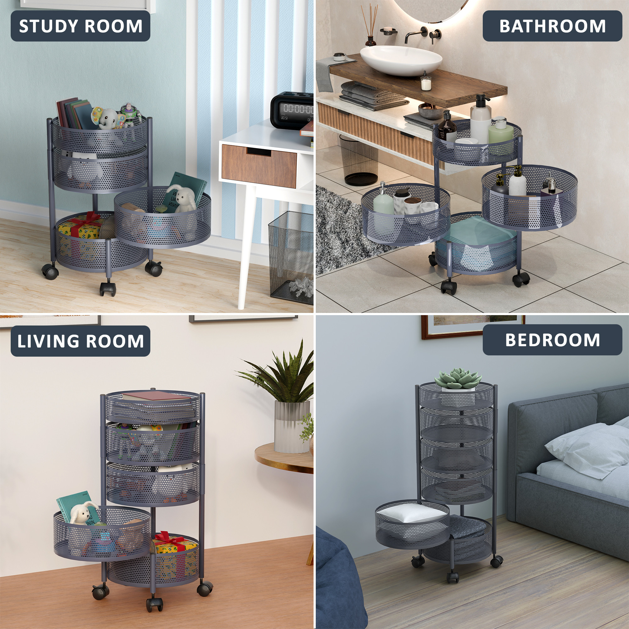 Kuber Industries  Kitchen Storage Rack  Metal Kitchen Trolley with Wheels  Vegetable Rack for Kitchen  Revolving Vegetable  Fruit Stand for Kitchen  Round Shape - Dark Grey