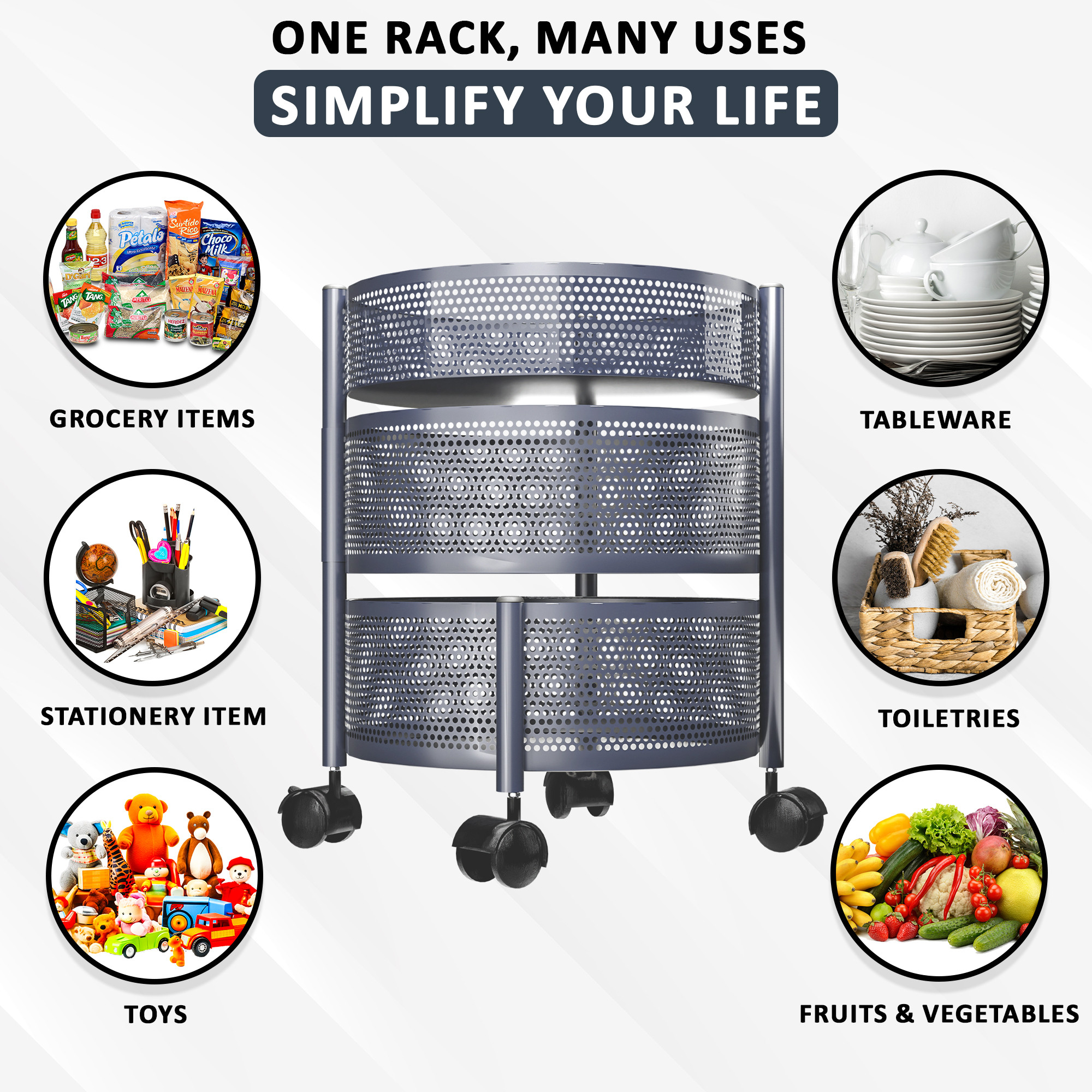 Kuber Industries  Kitchen Storage Rack  Metal Kitchen Trolley with Wheels  Vegetable Rack for Kitchen  Revolving Vegetable  Fruit Stand for Kitchen  Round Shape - Dark Grey