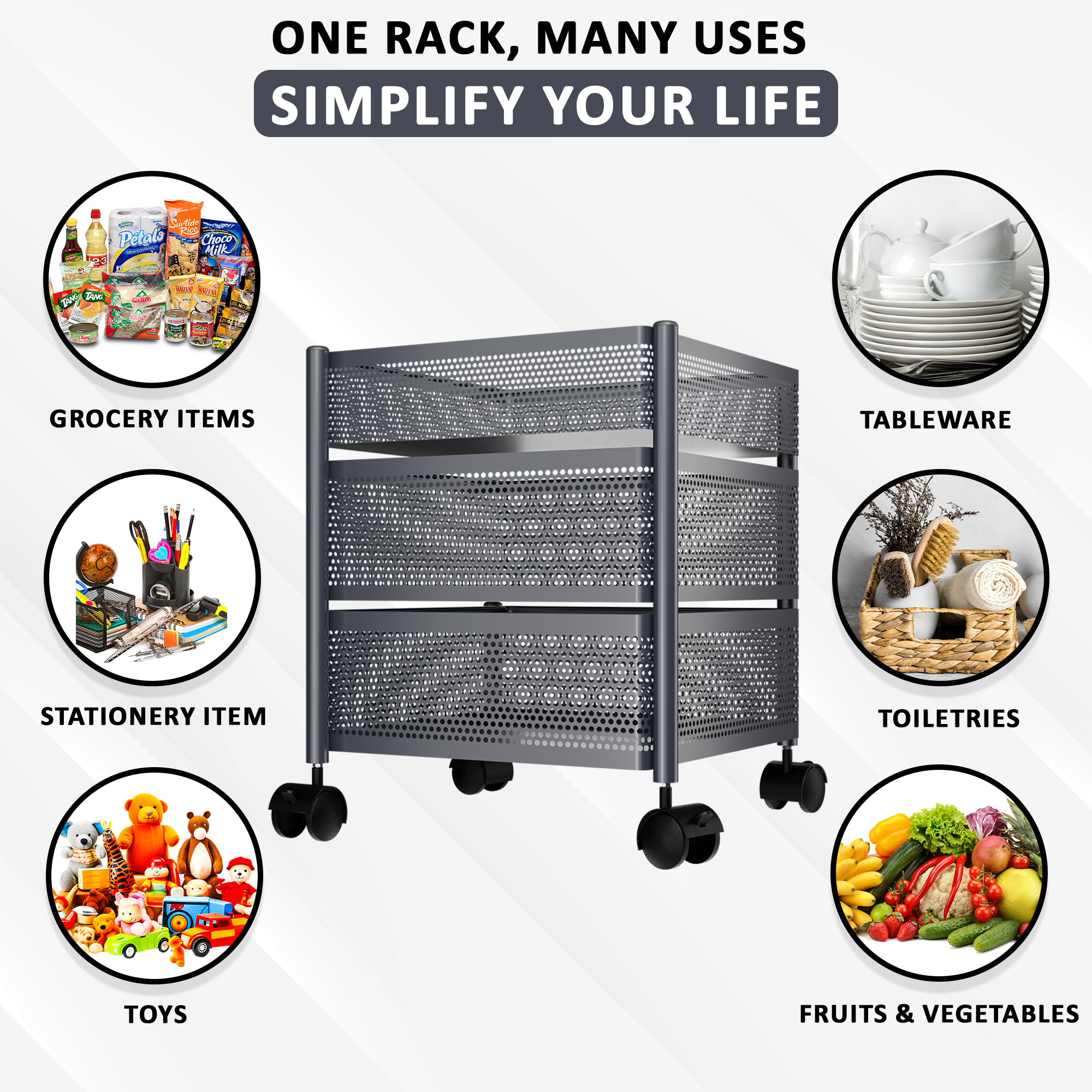 Kuber Industries  Kitchen Storage Rack  Metal Kitchen Trolley with Wheels  Vegetable Rack for Kitchen  Revolving Vegetable  Fruit Stand for Kitchen  Square Shape - Dark Grey