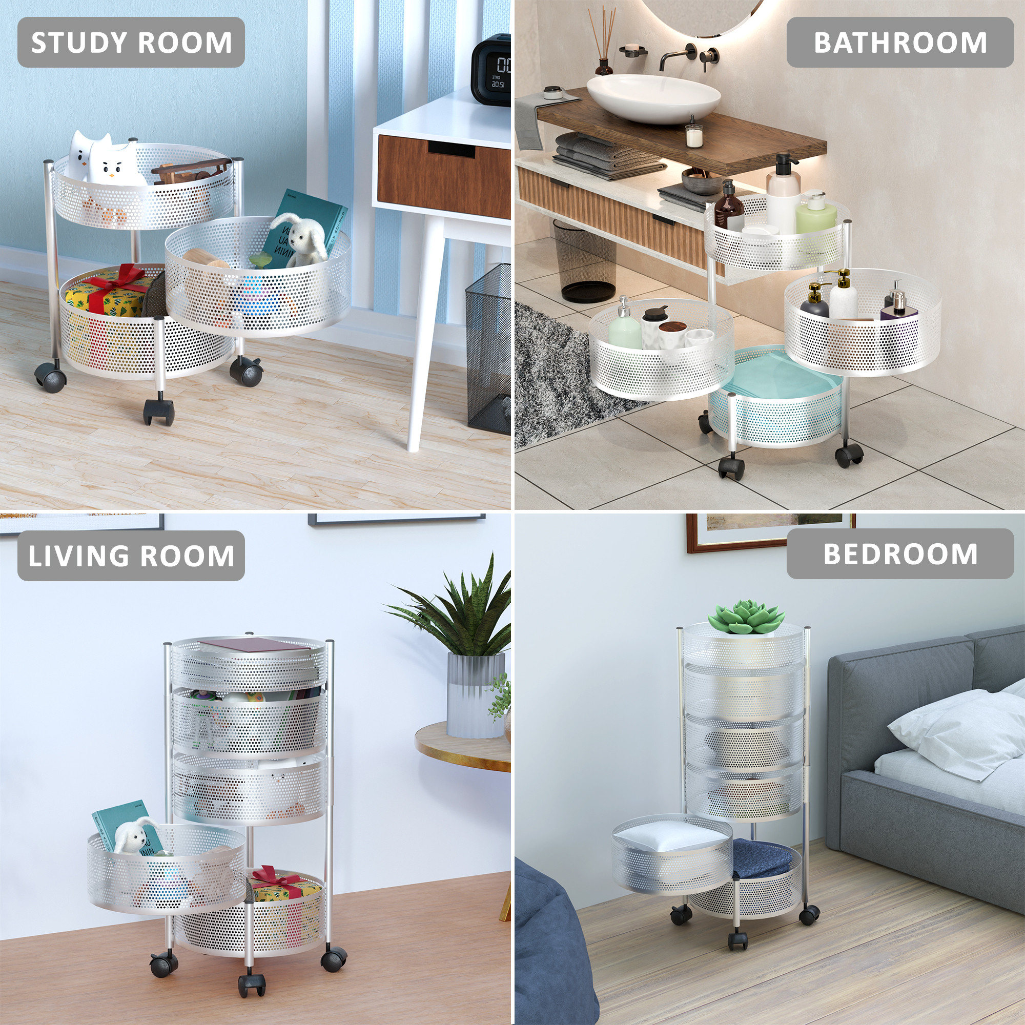 Kuber Industries  Kitchen Storage Rack  Metal Kitchen Trolley with Wheels  Vegetable Rack for Kitchen  Revolving Vegetable  Fruit Stand for Kitchen  Round Shape - Silver